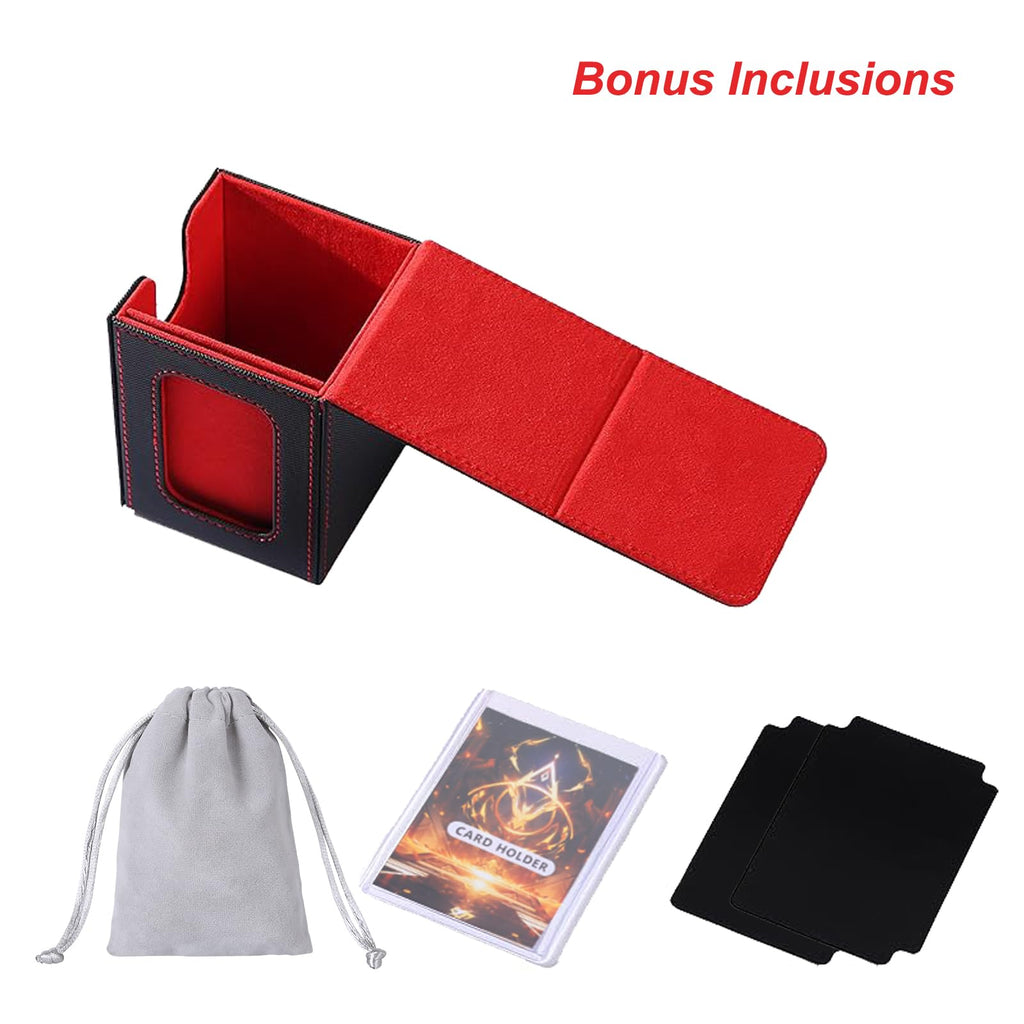 AFIING MTG Deck Box for Commander Display,Card Deck Box Fits 100 Double Sleeved Cards, Magic Commander TCG Card Storage Box with 2 Dividers,Drawstring Bag and 1 Toploader(Black/Red) - 2