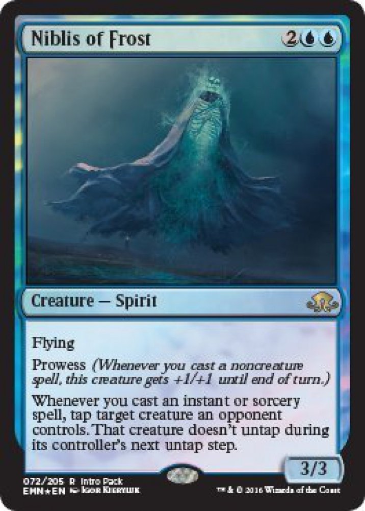 Magic the Gathering: MTG Eldritch Moon: Intro Pack/Theme Deck: Dangerous Knowledge (Includes 2 Booster Packs & Alternate Art Premium Rare Promo) Blue/Red - Niblis of Frost - 3