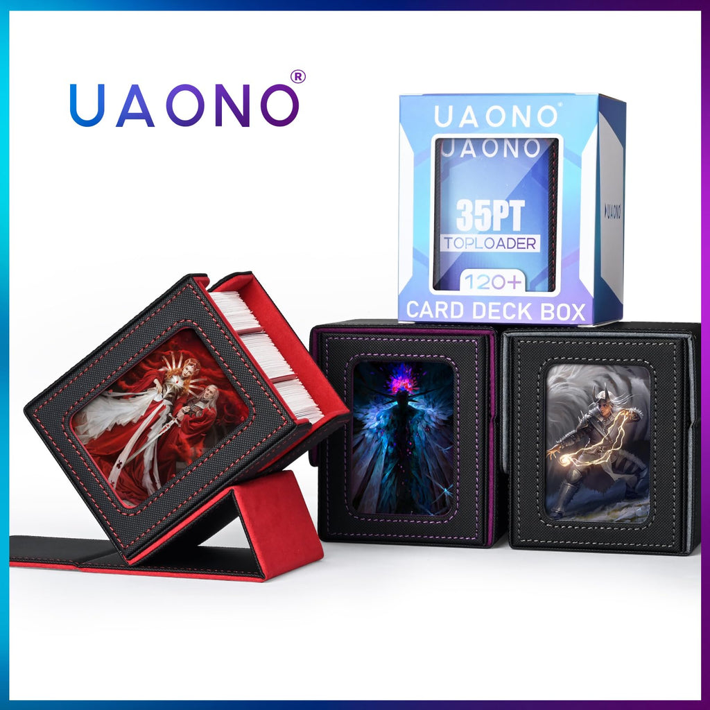 UAONO Card Deck Box with MTG Commander Display, Deck Case Holds 100+ Double-Sleeved Cards, Trading Card Storage Box Fits TCG/PTCG/Sports Card with 2 Dividers, 1 Top Loaders (Black) - 3