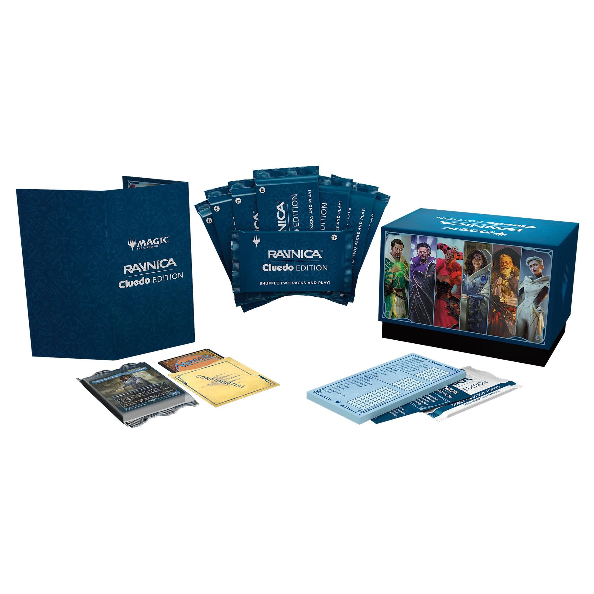 Magic: The Gathering Ravnica: Cluedo Edition - 3-4 player themed murder riddle card game (including 8 game-ready boosters, 21 proof cards, 1 Foil Shock Land Card and Detective Game Accessories) - 5