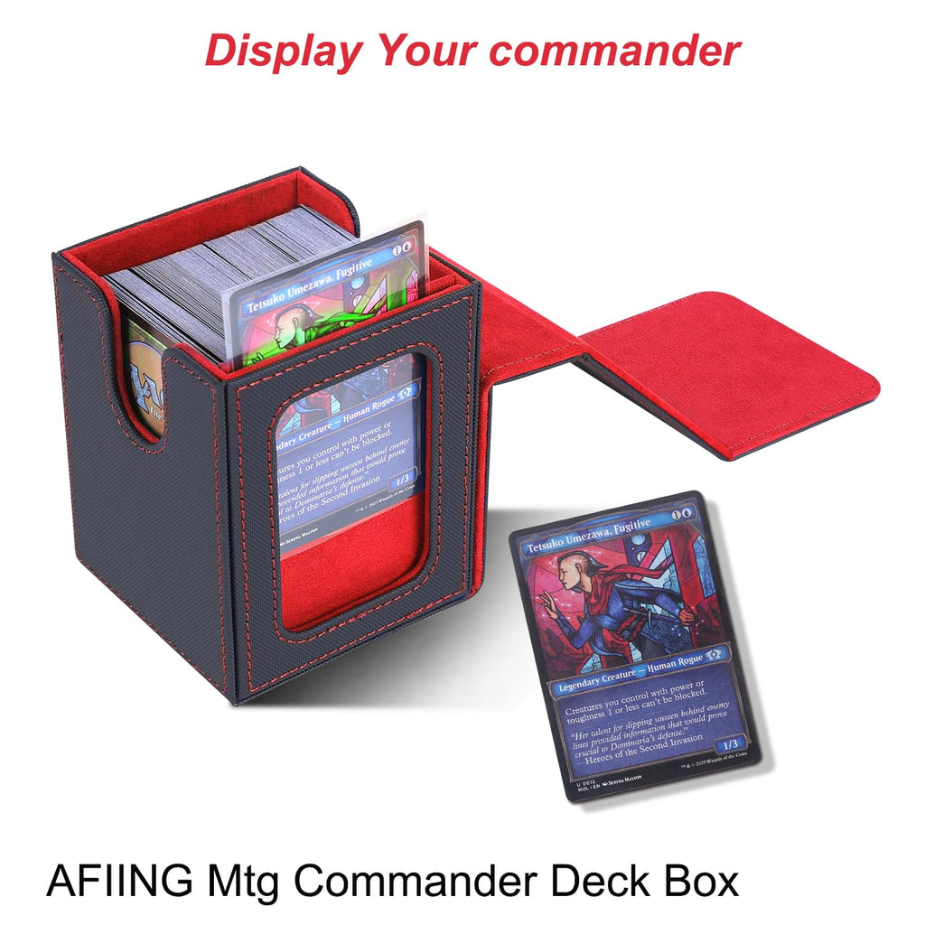AFIING MTG Deck Box for Commander Display,Card Deck Box Fits 100 Double Sleeved Cards, Magic Commander TCG Card Storage Box with 2 Dividers,Drawstring Bag and 1 Toploader(Black/Red) - 6