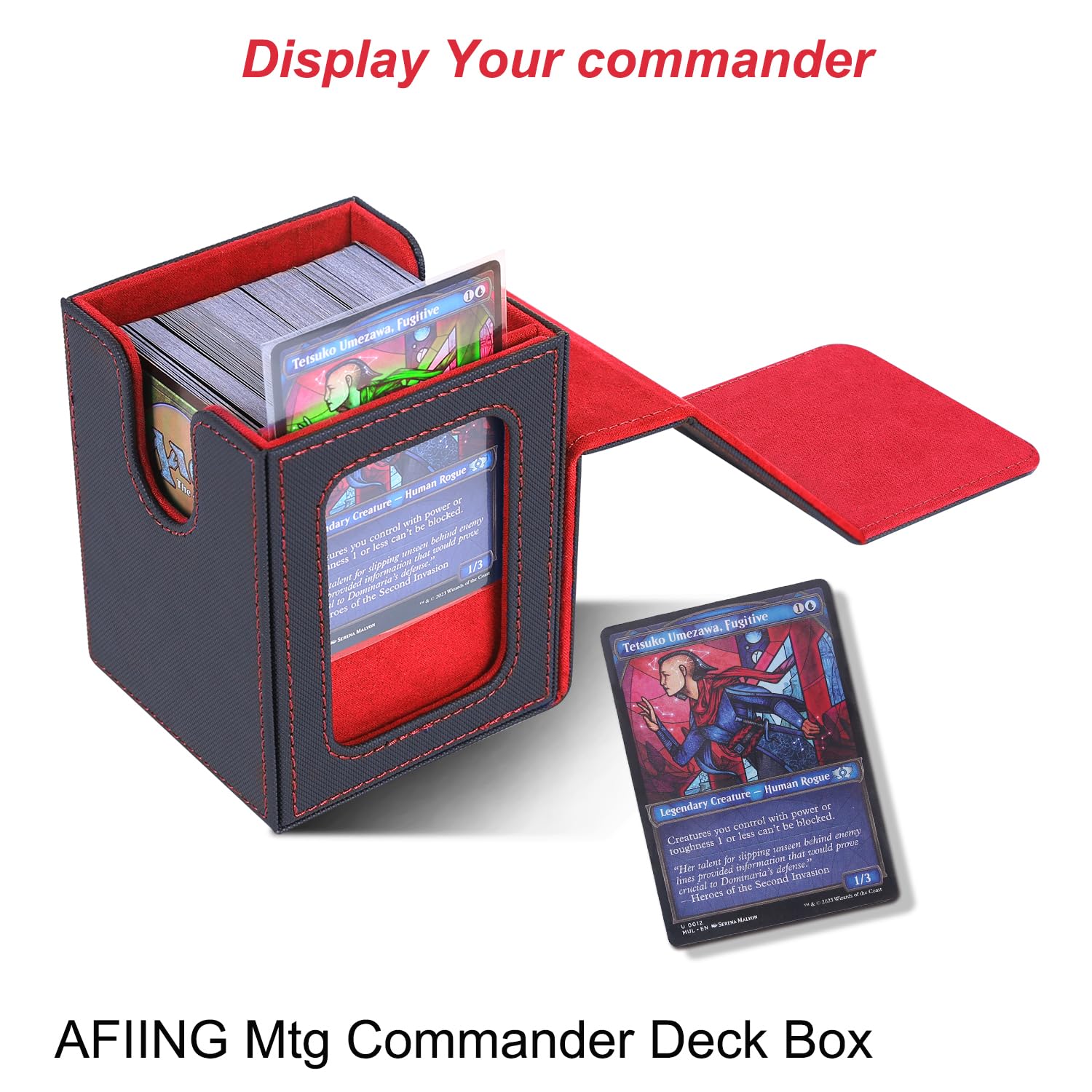 AFIING MTG Deck Box for Commander Display,Card Deck Box Fits 100 Double Sleeved Cards, Magic Commander TCG Card Storage Box with 2 Dividers,Drawstring Bag and 1 Toploader(Black/Red) - 6