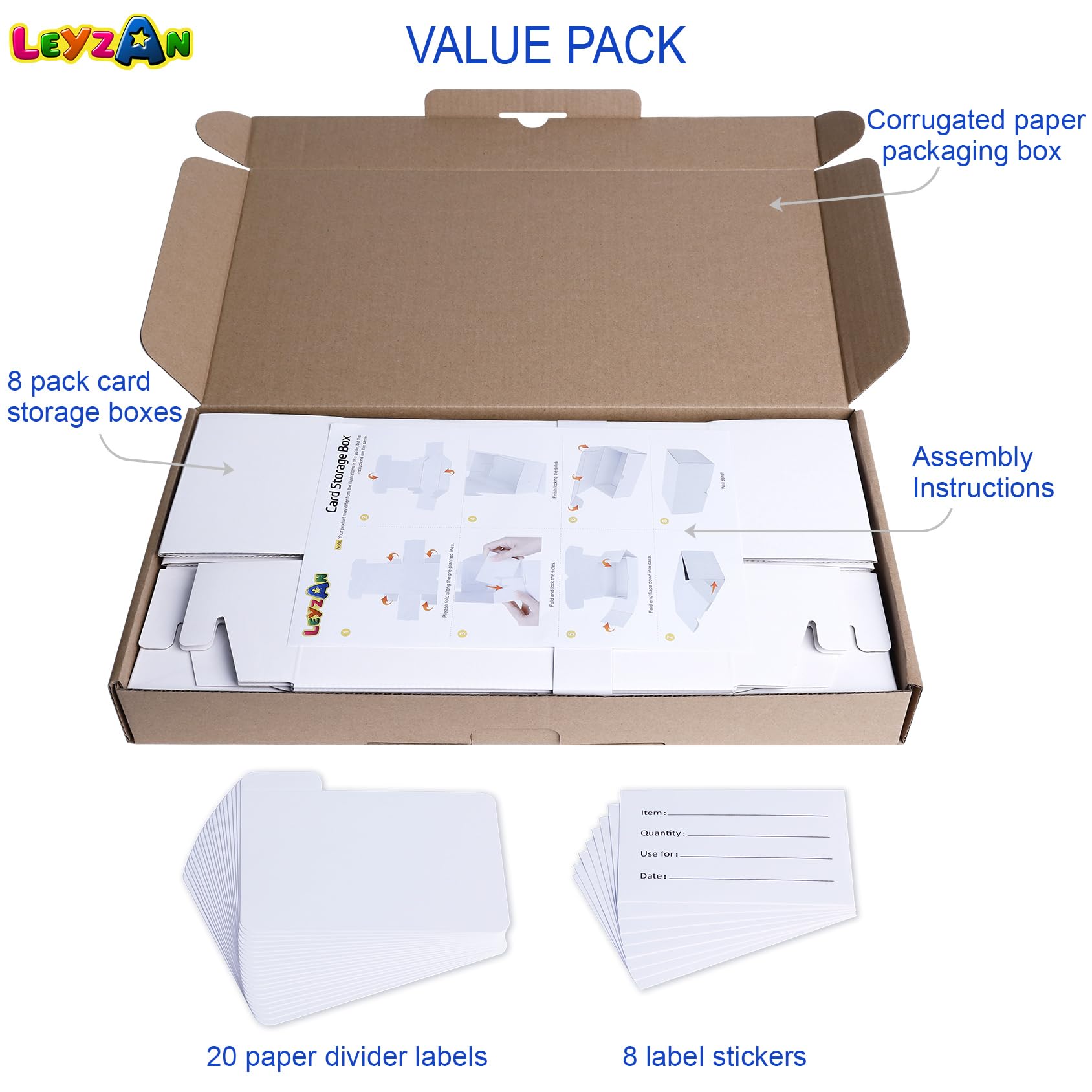 Leyzan Trading-Card Storage Box, 8-Pack • 1000 Count Corrugated Cardboard Storage Box with dividers & labels for TCG/Magic/Mtg storage and Collection, 14.4 INCH Horizontal - 2