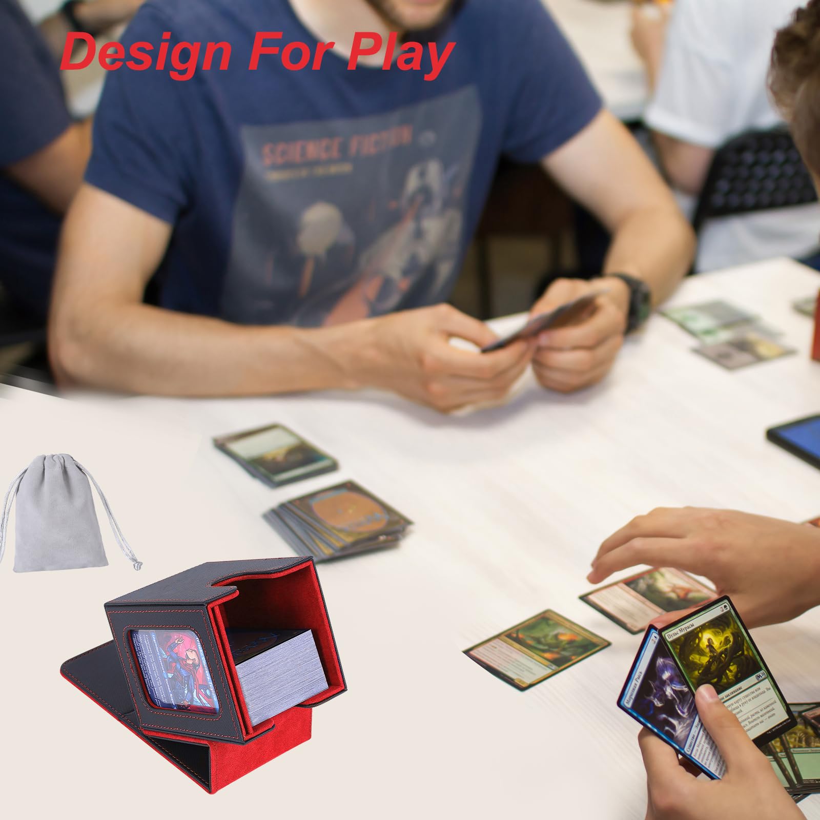 AFIING MTG Deck Box for Commander Display,Card Deck Box Fits 100 Double Sleeved Cards, Magic Commander TCG Card Storage Box with 2 Dividers,Drawstring Bag and 1 Toploader(Black/Red) - 3