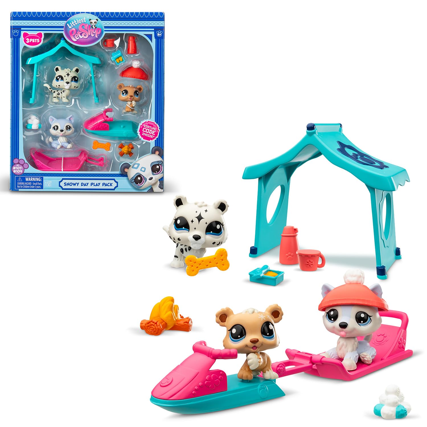 BANDAI Littlest Pet Shop Snow Day Set BF00534 Includes 3 Pets, 3 Accessories, 1 Collector Card, 1 Virtual Code, 1 Snowmobile, 1 Sled, Generation 7 (#107, #108, #109),4 Years+