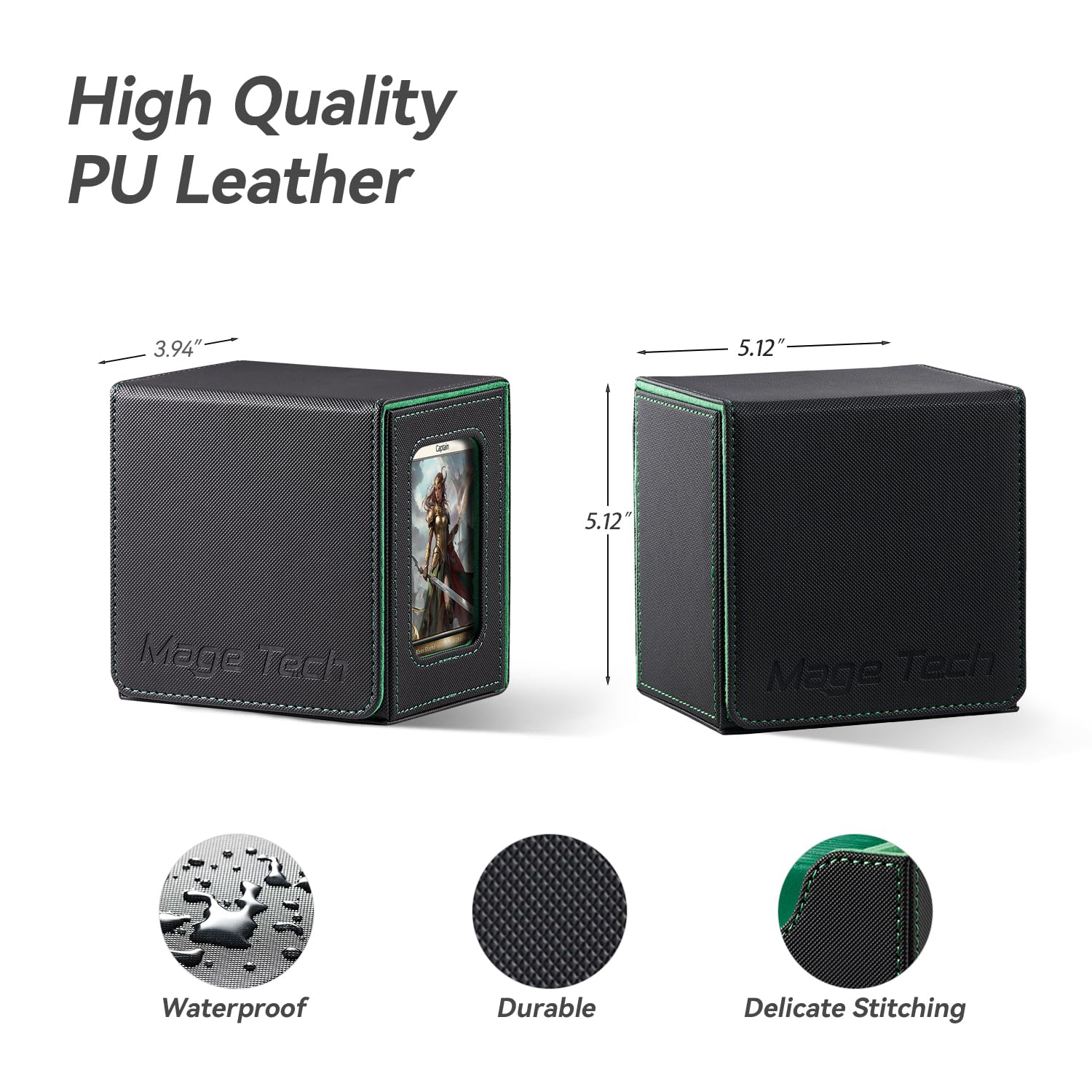 Mage Tech Card Deck Box for MTG Commander - Patented Design, Commander Display, Fits 100 Double-Sleeved Cards, 35pt Card Brick & Dice Tray - Black/Green - 4