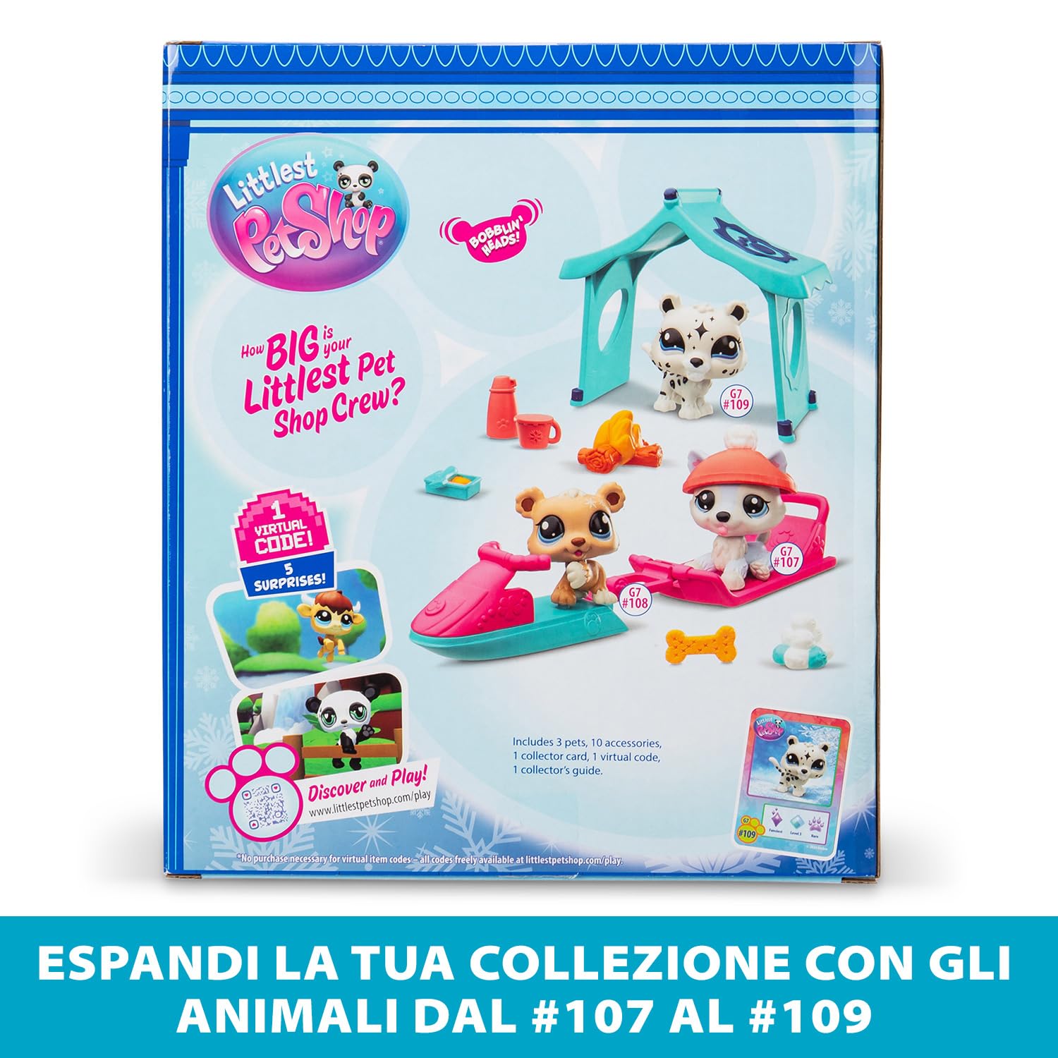 BANDAI Littlest Pet Shop Snow Day Set BF00534 Includes 3 Pets, 3 Accessories, 1 Collector Card, 1 Virtual Code, 1 Snowmobile, 1 Sled, Generation 7 (#107, #108, #109),4 Years+ - 5