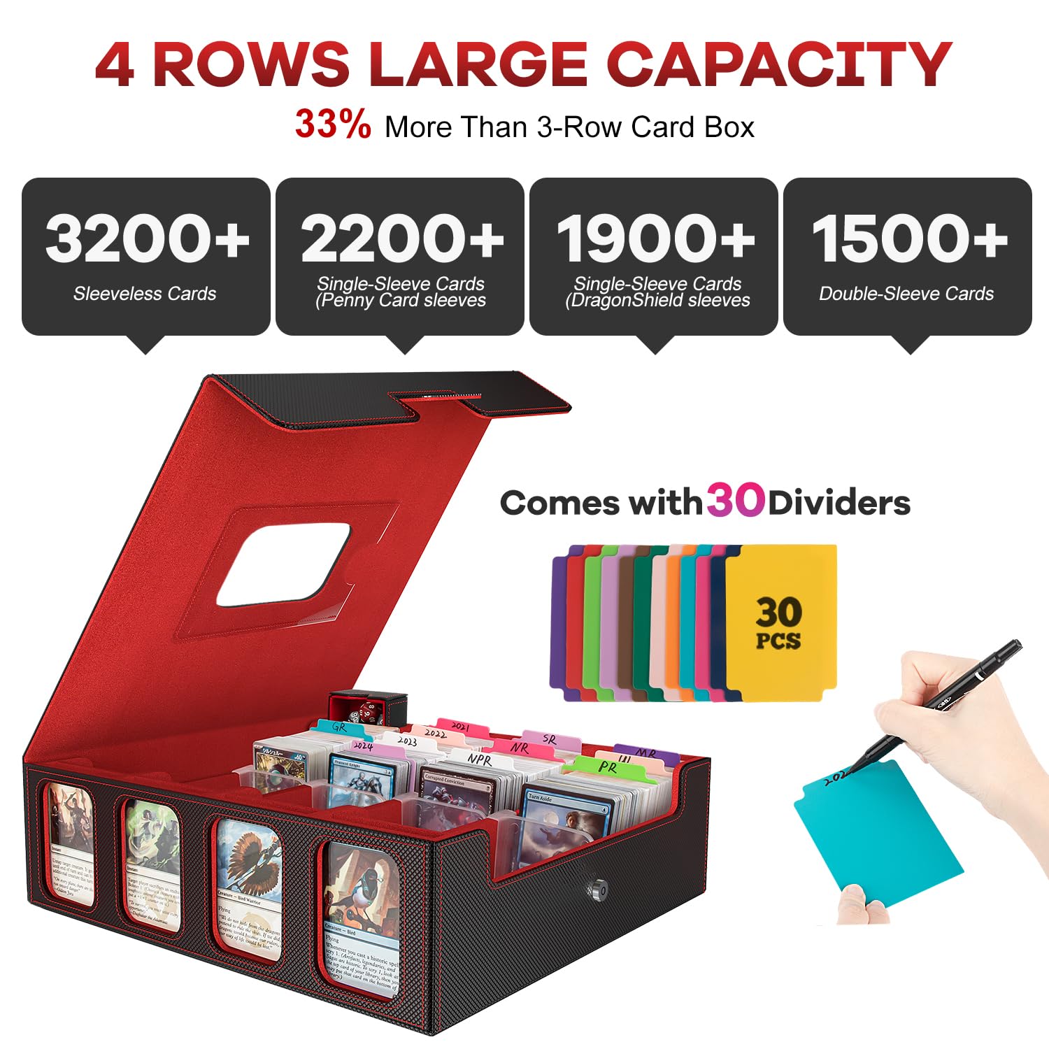 Gomyrod Card Storage Box 3200+ MTG Deck Box with 30 Colorful Divider, 4 Row Commander Trading Card Cases with Portable Handle & Display Windows, Fits for MTG/TCG/Magic Cards, Patented Design - 7
