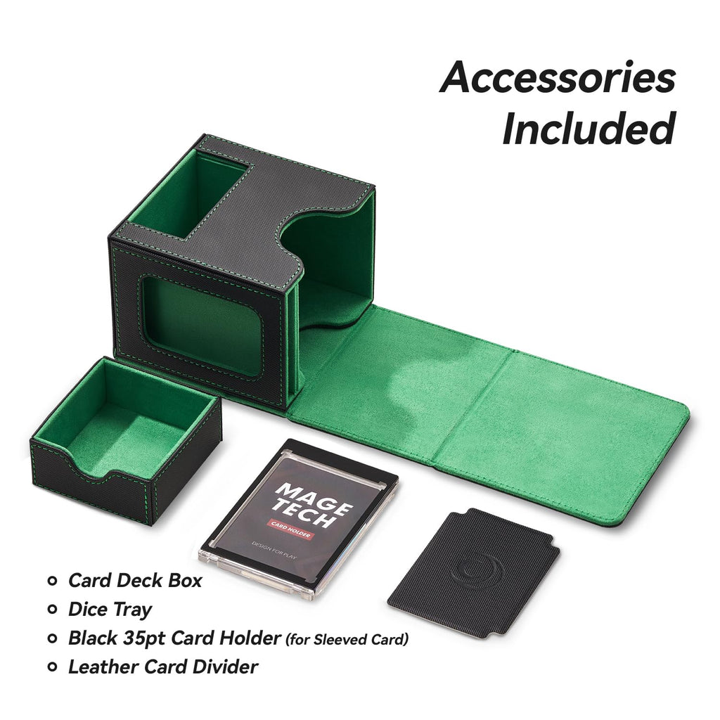 Mage Tech Card Deck Box for MTG Commander - Patented Design, Commander Display, Fits 100 Double-Sleeved Cards, 35pt Card Brick & Dice Tray - Black/Green - 2