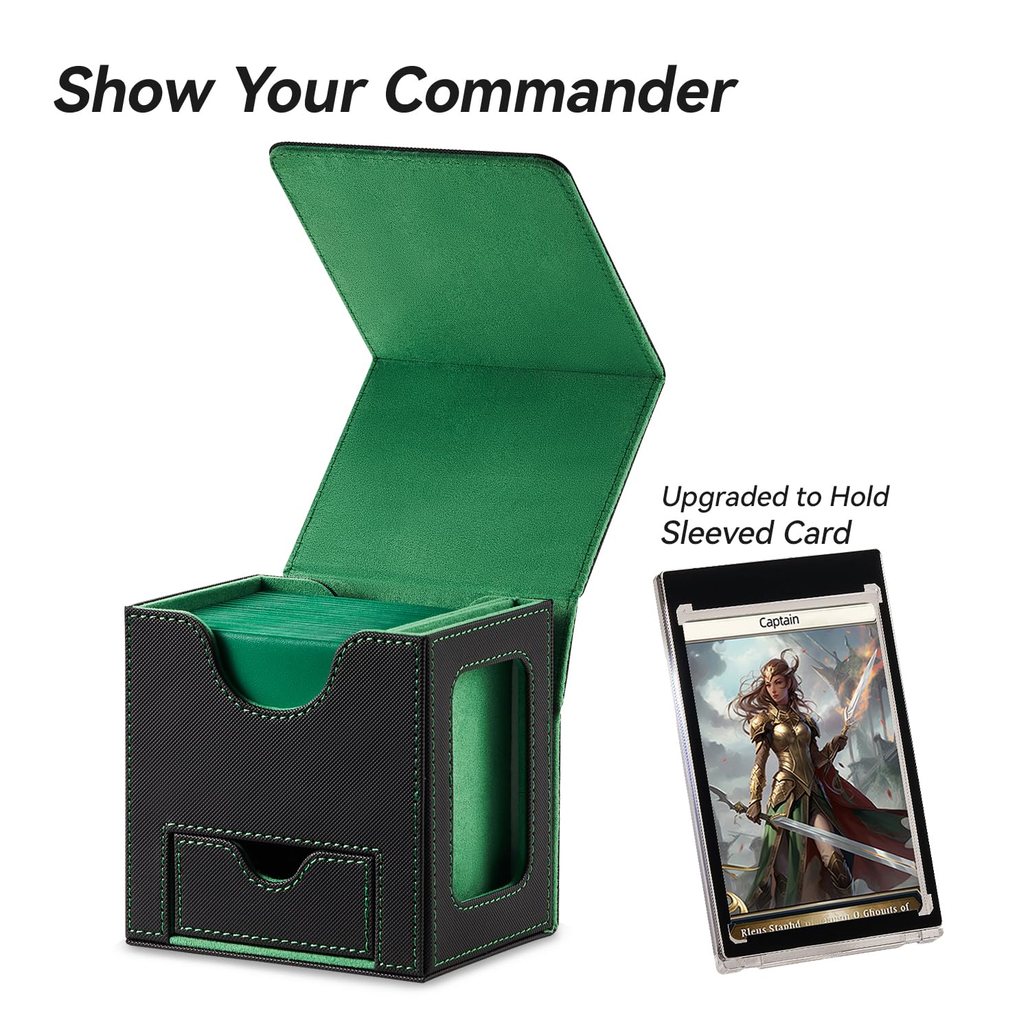Mage Tech Card Deck Box for MTG Commander - Patented Design, Commander Display, Fits 100 Double-Sleeved Cards, 35pt Card Brick & Dice Tray - Black/Green - 6