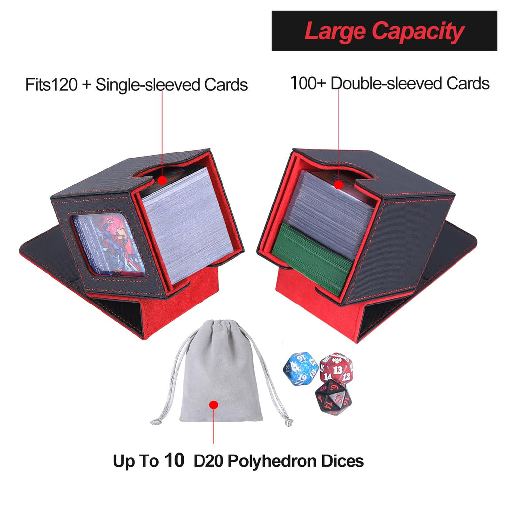 AFIING MTG Deck Box for Commander Display,Card Deck Box Fits 100 Double Sleeved Cards, Magic Commander TCG Card Storage Box with 2 Dividers,Drawstring Bag and 1 Toploader(Black/Red) - 5