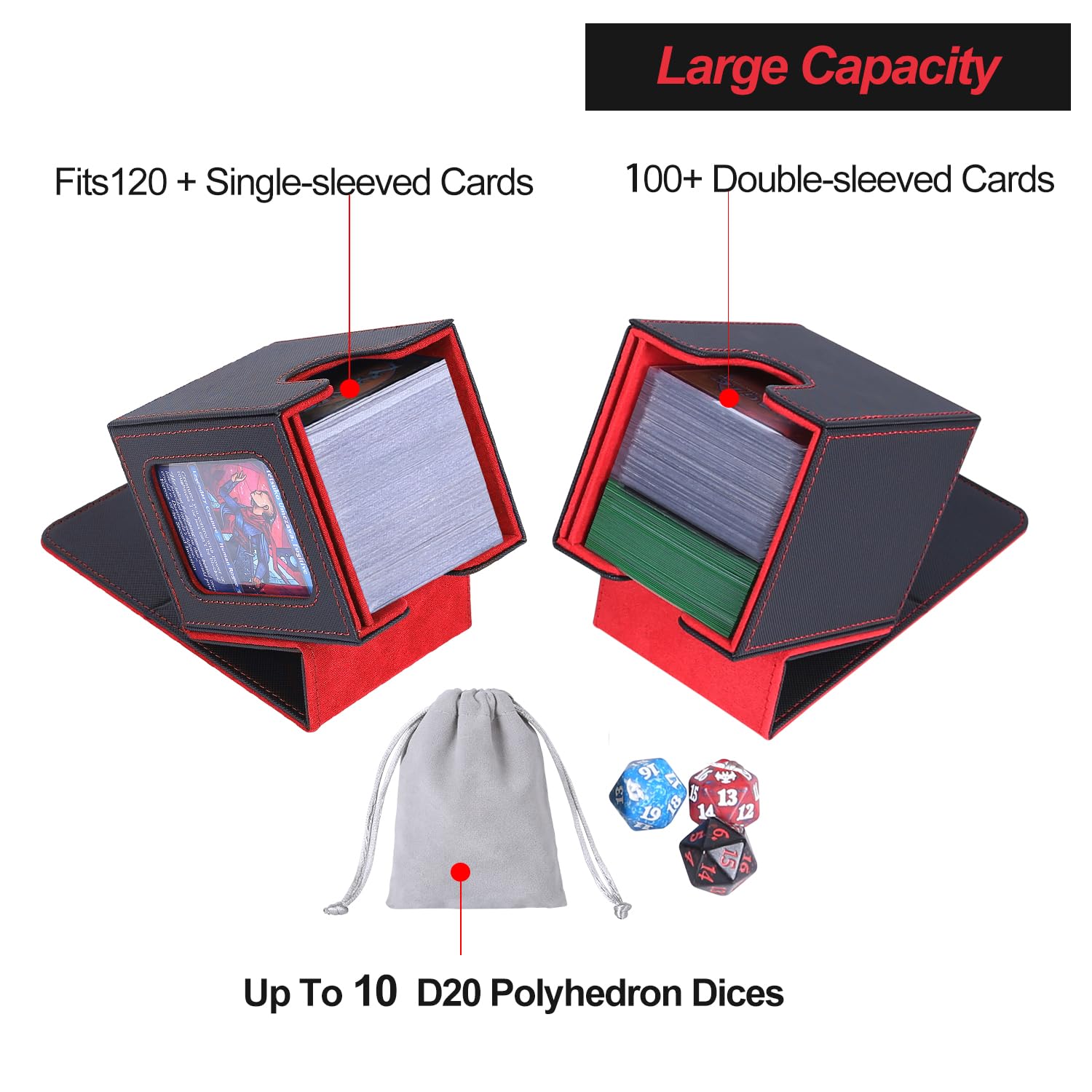 AFIING MTG Deck Box for Commander Display,Card Deck Box Fits 100 Double Sleeved Cards, Magic Commander TCG Card Storage Box with 2 Dividers,Drawstring Bag and 1 Toploader(Black/Red) - 5