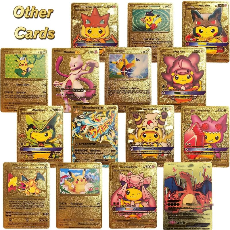55 PCS Gold Cards Packs Vmax DX GX Rare Golden Cards Deck Box Gold Foil Card for Birthday Party Favors Gifts (No Duplicates) Golden - 5
