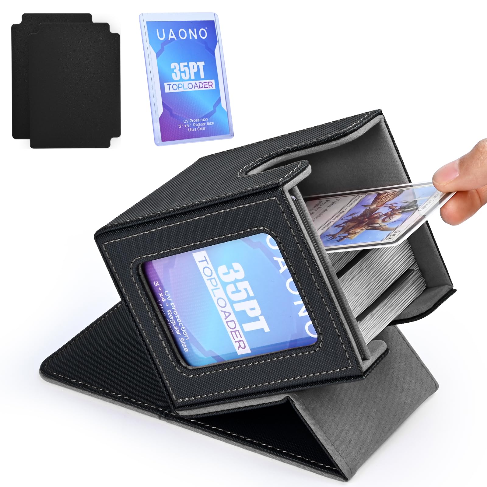 UAONO Card Deck Box with MTG Commander Display, Deck Case Holds 100+ Double-Sleeved Cards, Trading Card Storage Box Fits TCG/PTCG/Sports Card with 2 Dividers, 1 Top Loaders (Black)