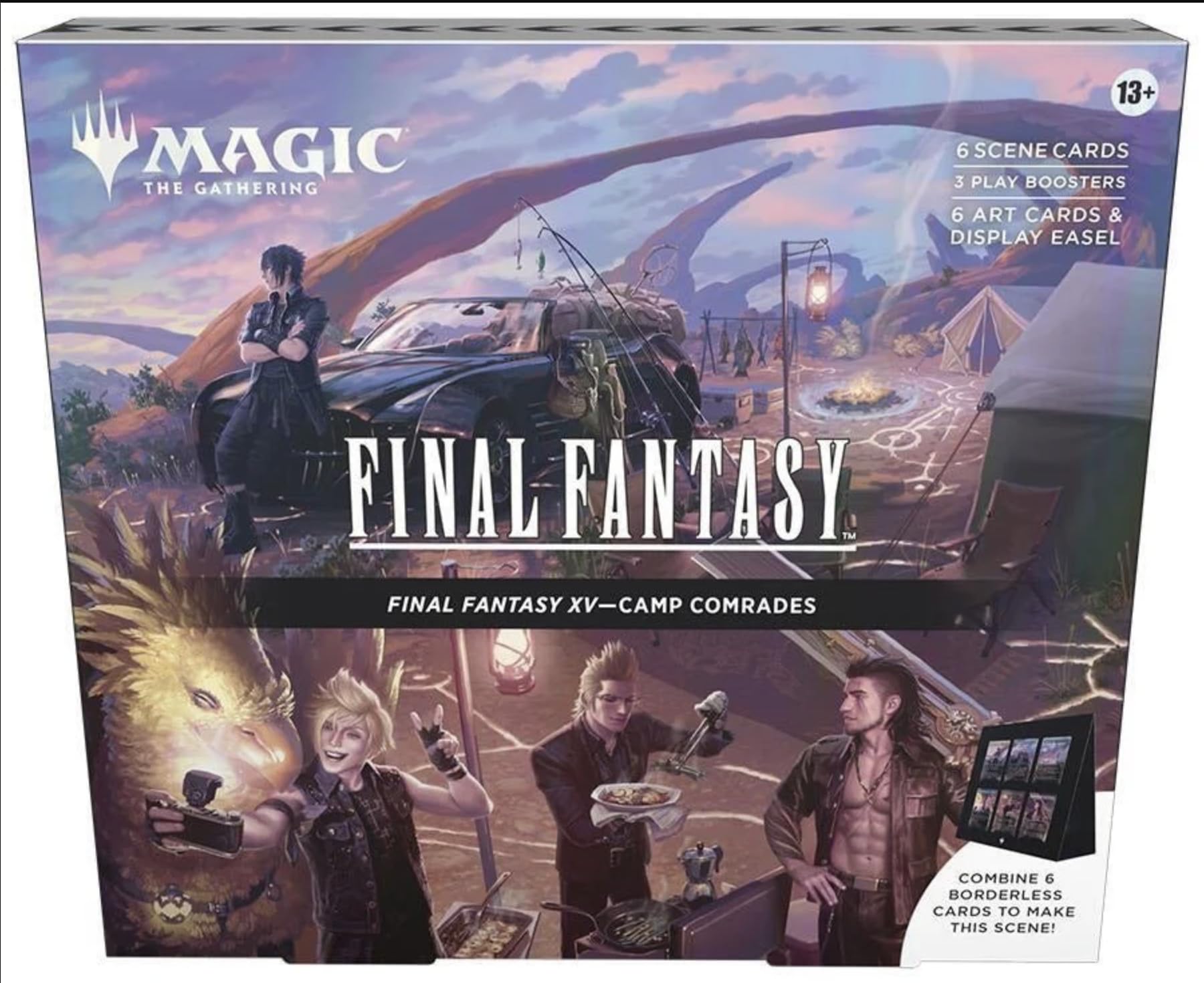 Magic: The Gathering - Final Fantasy XV Scene Box - Camp Comrades | 6 Foil Borderless Scene Cards, 6 Art Cards, 3 Play Boosters + 1 Display Easel