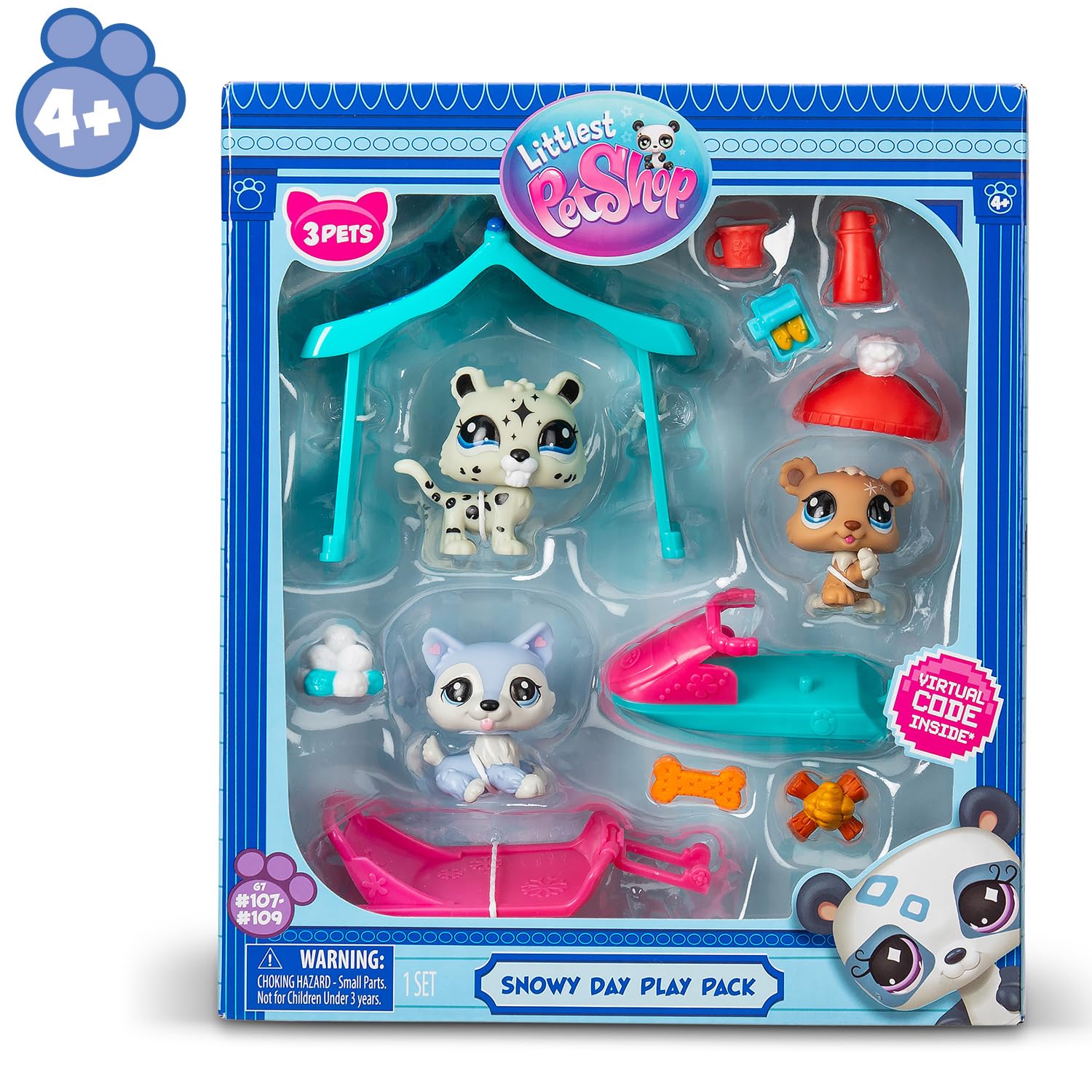BANDAI Littlest Pet Shop Snow Day Set BF00534 Includes 3 Pets, 3 Accessories, 1 Collector Card, 1 Virtual Code, 1 Snowmobile, 1 Sled, Generation 7 (#107, #108, #109),4 Years+ - 2