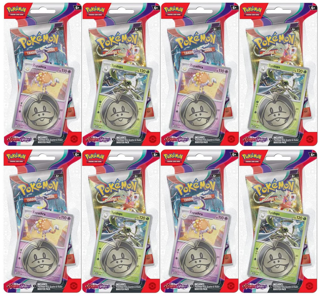 Pokemon TCG: Scarlet and Violet Checklane Espathra and Spidops Blister Booster Pack Bundle, 8 Packs 80 Cards