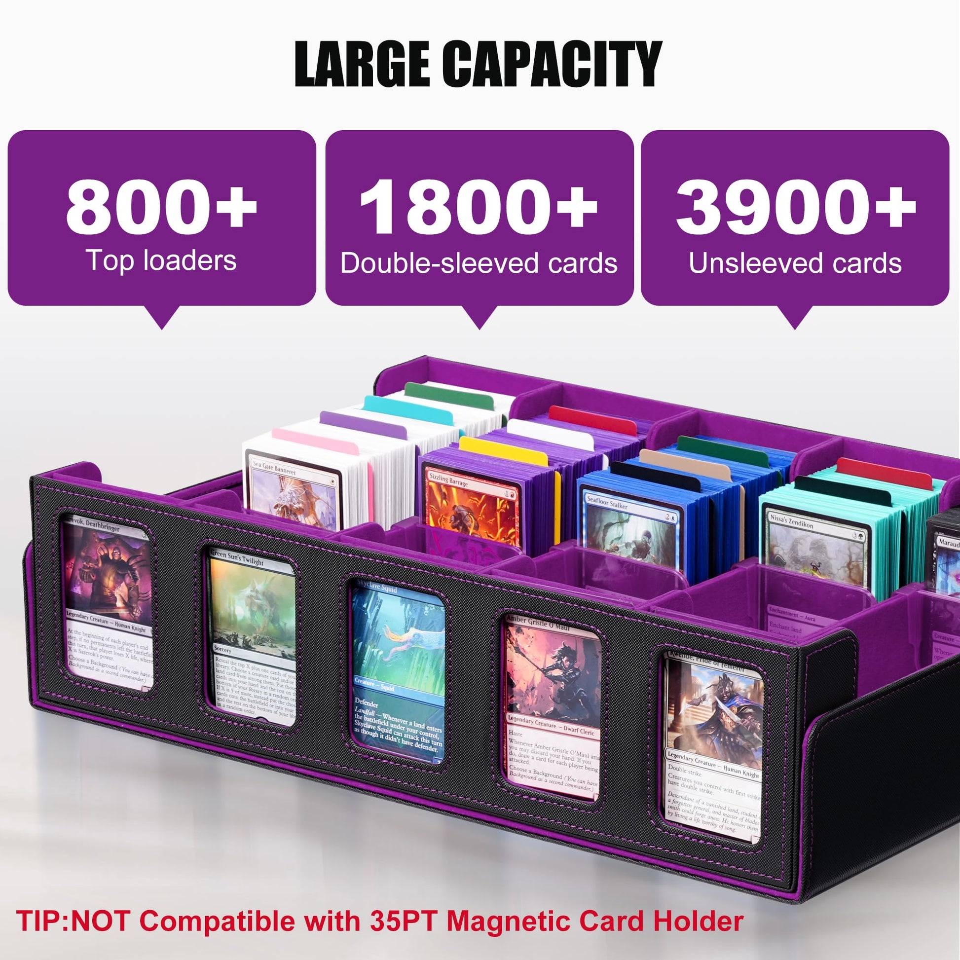 Trading Card Storage Box with Commander Display , 5-Row Deck Case with Removable Lid; 3900+ Card Deck Box for MTG TCG Sports Card, 5 Top Loaders, 5 Stoppers, 48 Dividers,1 Dice Tray (Black Purple) - 6
