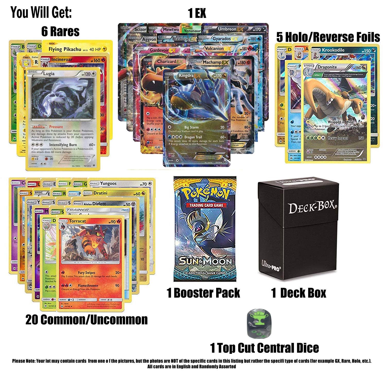 Pokemon EX Guaranteed With Booster Pack, 6 Rare Cards, 5 Reverse Holo, 20 Regular Pokemon, Deck Box and Top Cut Central Exclusive Dice - 6