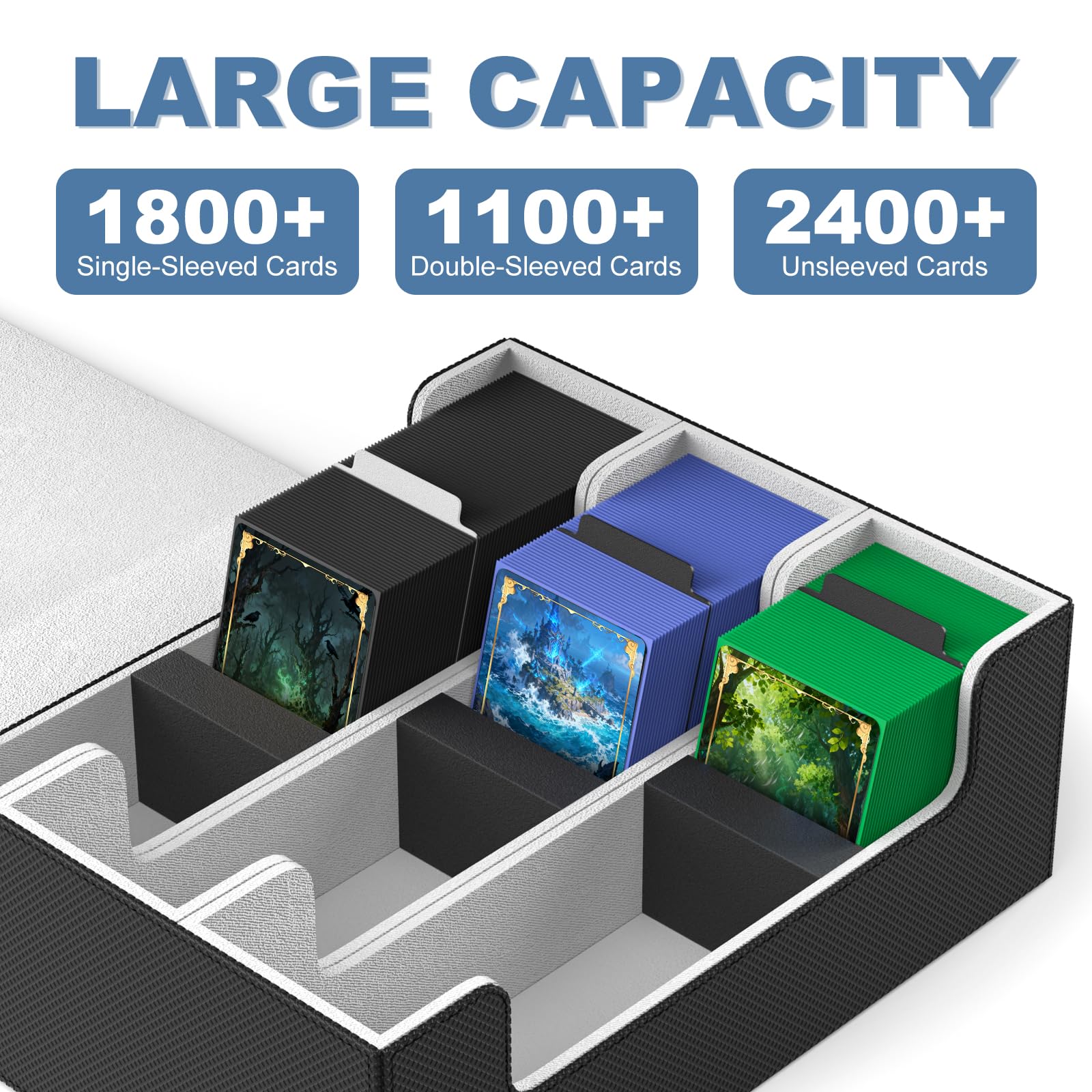 Mlikero Card Deck Case for Trading Cards 1800+, Trading Card Storage Box with 10 Dividers and 3 Foam Stoppers, Leather Magnetic Closure Commander Deck Box Fit for YuGiOh, MTG and Sport Cards - 7