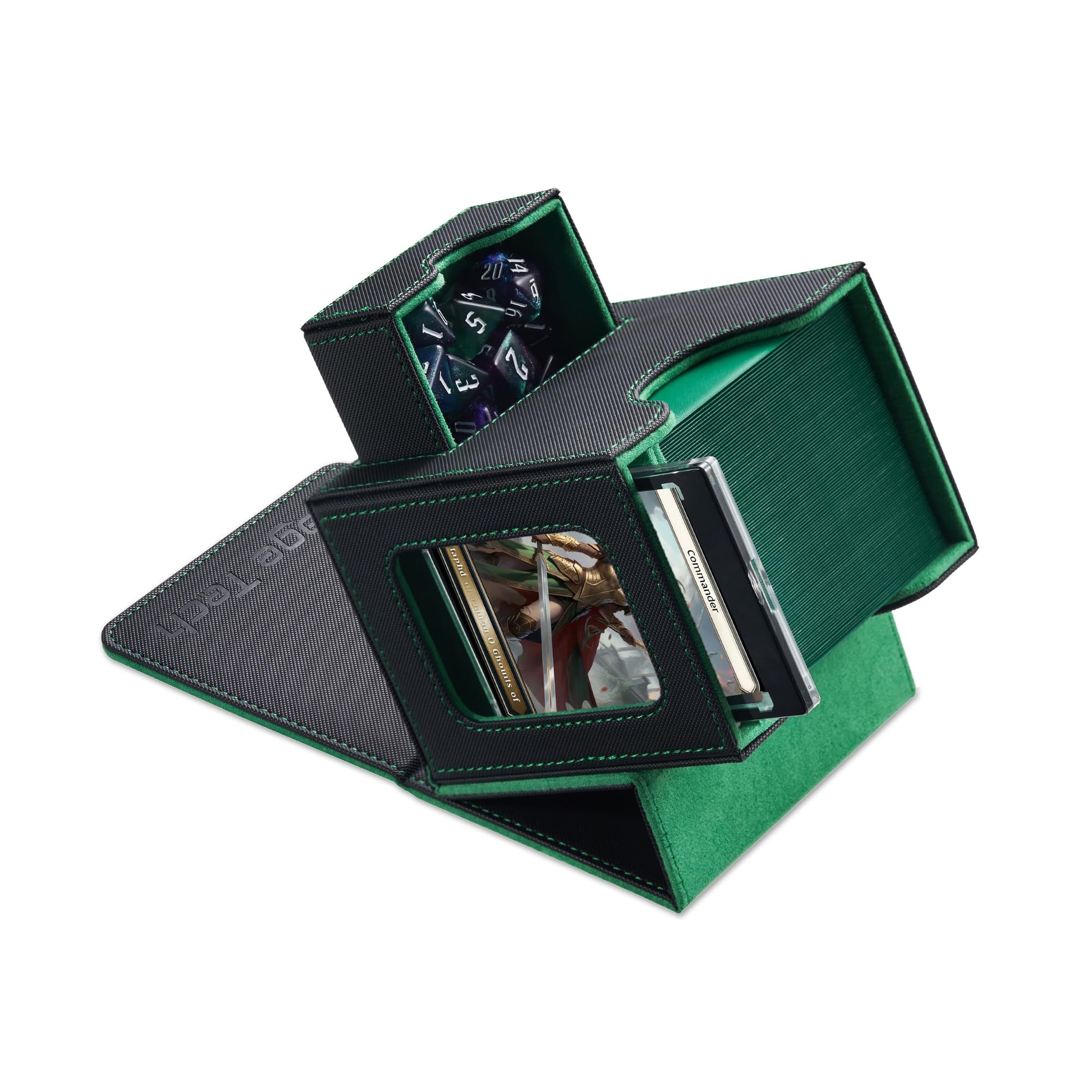 Mage Tech Card Deck Box for MTG Commander - Patented Design, Commander Display, Fits 100 Double-Sleeved Cards, 35pt Card Brick & Dice Tray - Black/Green