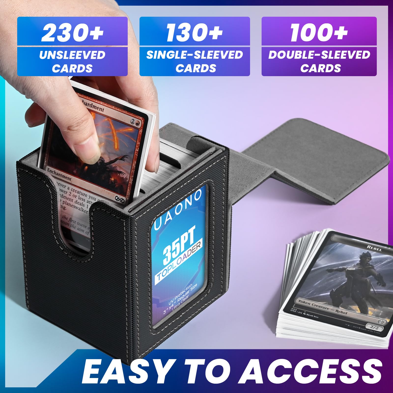 UAONO Card Deck Box with MTG Commander Display, Deck Case Holds 100+ Double-Sleeved Cards, Trading Card Storage Box Fits TCG/PTCG/Sports Card with 2 Dividers, 1 Top Loaders (Black) - 8