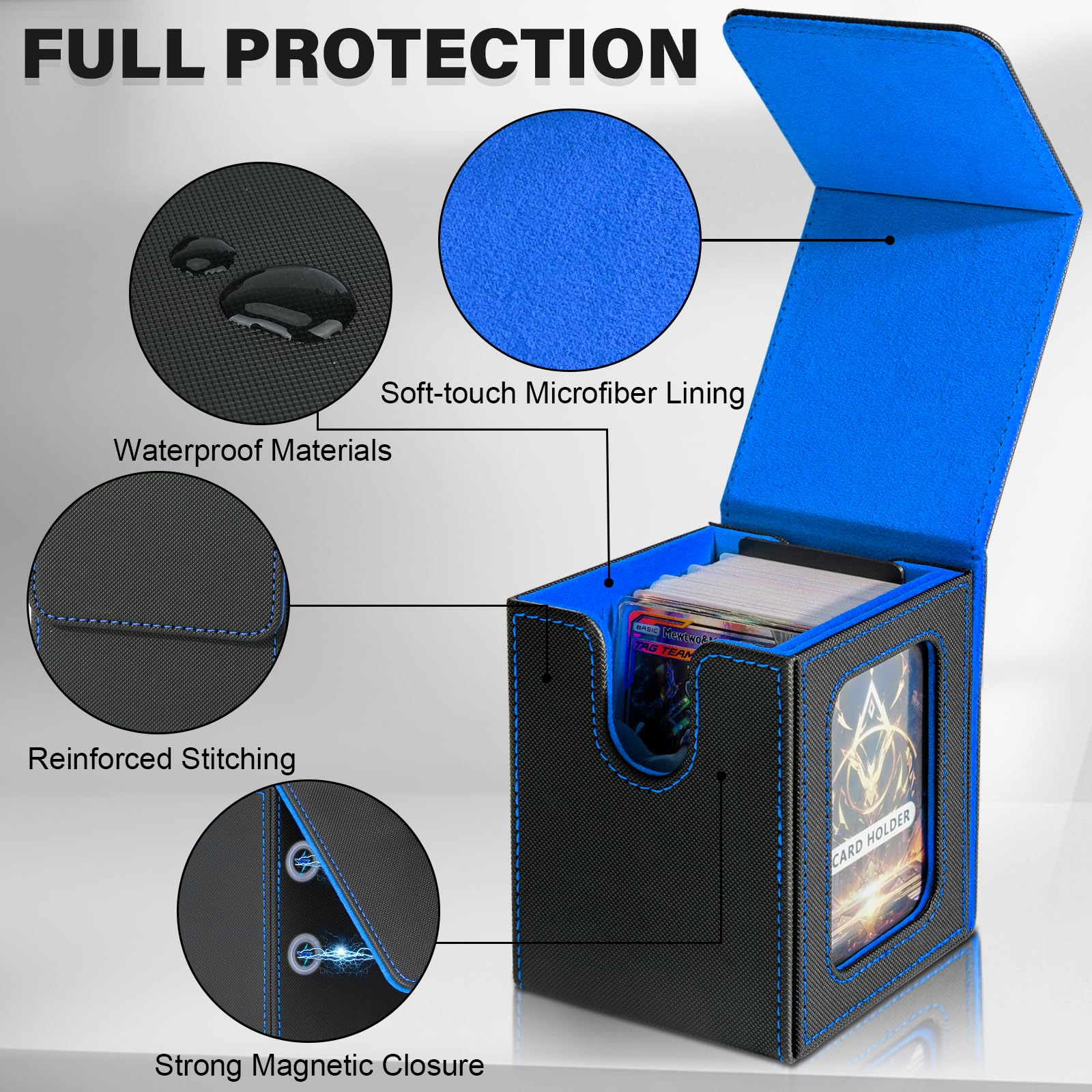 Jaffzora Card Deck Box for MTG Commander, Magnetic Card Display Case,TCG Card Storage Box, Holds 100 Double-Sleeved Cards, Black&Blue - 4