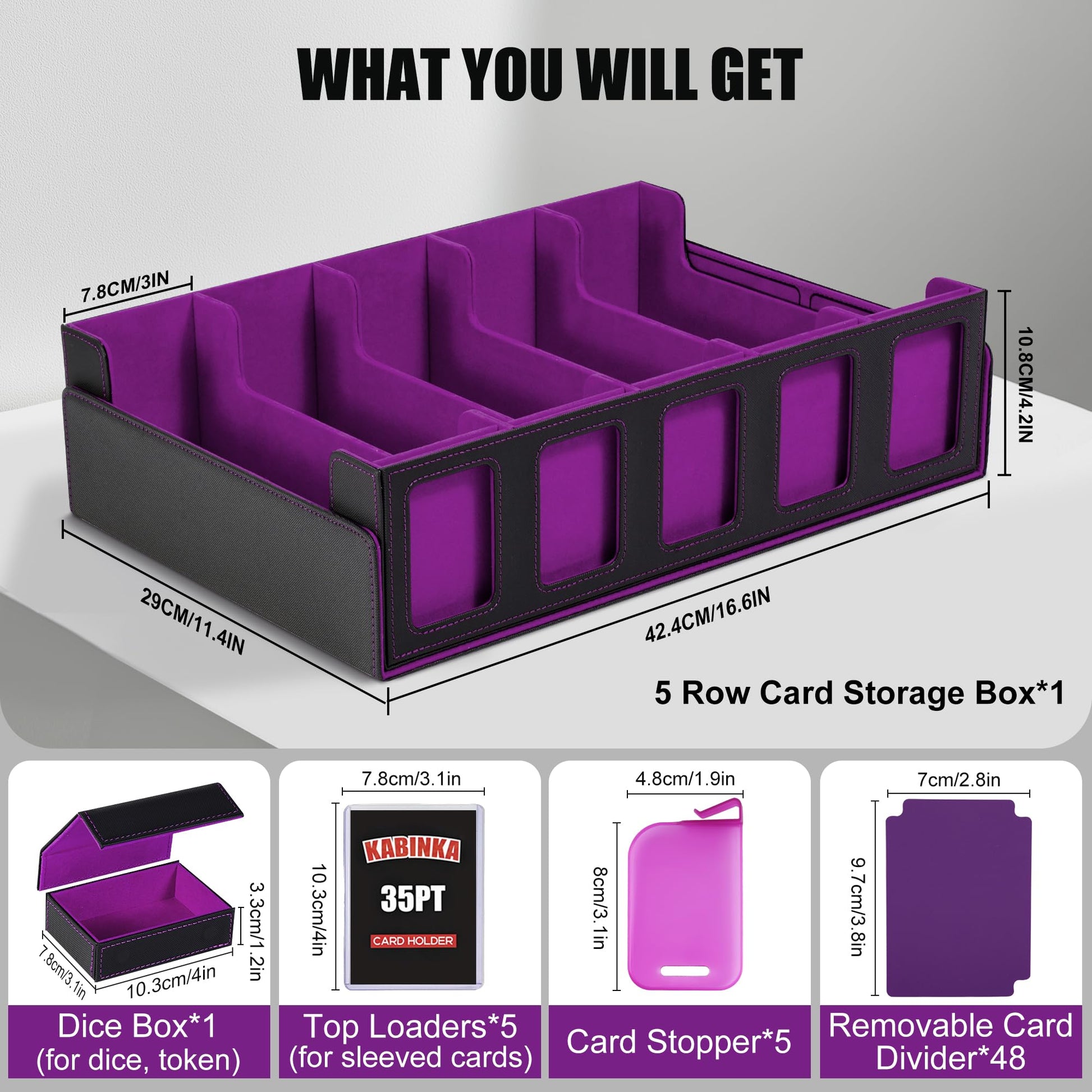 Trading Card Storage Box with Commander Display , 5-Row Deck Case with Removable Lid; 3900+ Card Deck Box for MTG TCG Sports Card, 5 Top Loaders, 5 Stoppers, 48 Dividers,1 Dice Tray (Black Purple) - 5
