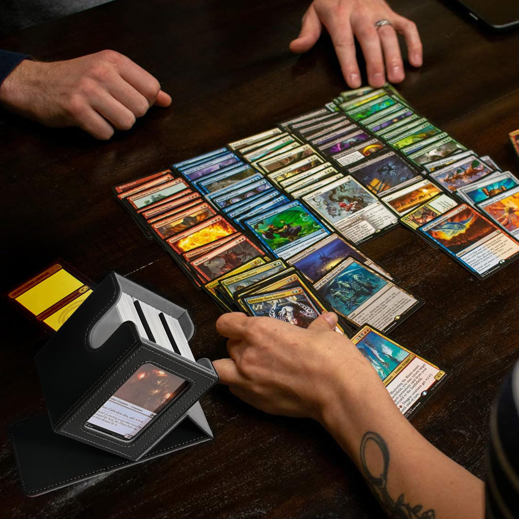 UAONO Card Deck Box with MTG Commander Display, Deck Case Holds 100+ Double-Sleeved Cards, Trading Card Storage Box Fits TCG/PTCG/Sports Card with 2 Dividers, 1 Top Loaders (Black) - 2
