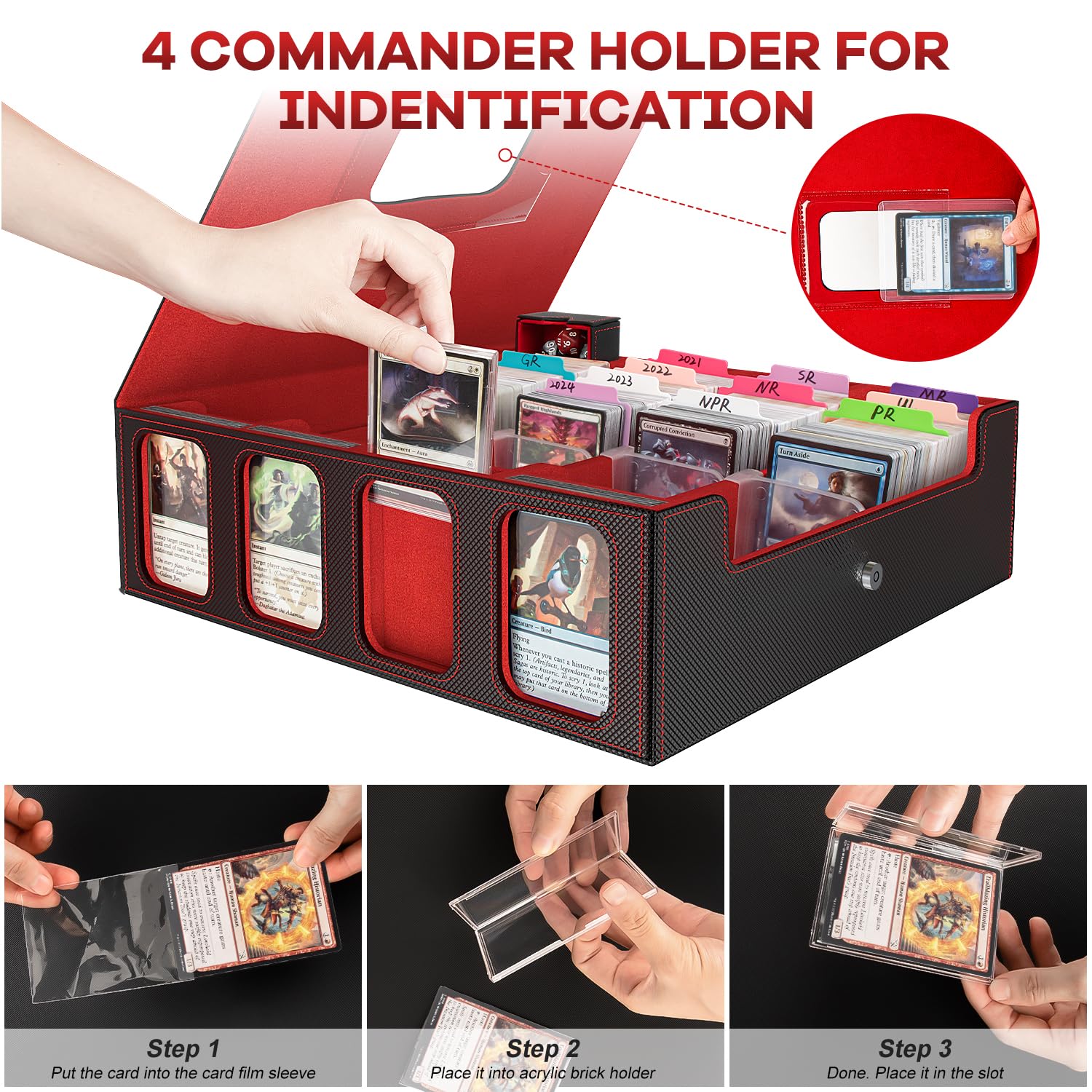 Gomyrod Card Storage Box 3200+ MTG Deck Box with 30 Colorful Divider, 4 Row Commander Trading Card Cases with Portable Handle & Display Windows, Fits for MTG/TCG/Magic Cards, Patented Design - 6