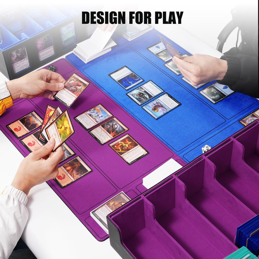 Trading Card Storage Box with Commander Display , 5-Row Deck Case with Removable Lid; 3900+ Card Deck Box for MTG TCG Sports Card, 5 Top Loaders, 5 Stoppers, 48 Dividers,1 Dice Tray (Black Purple) - 2