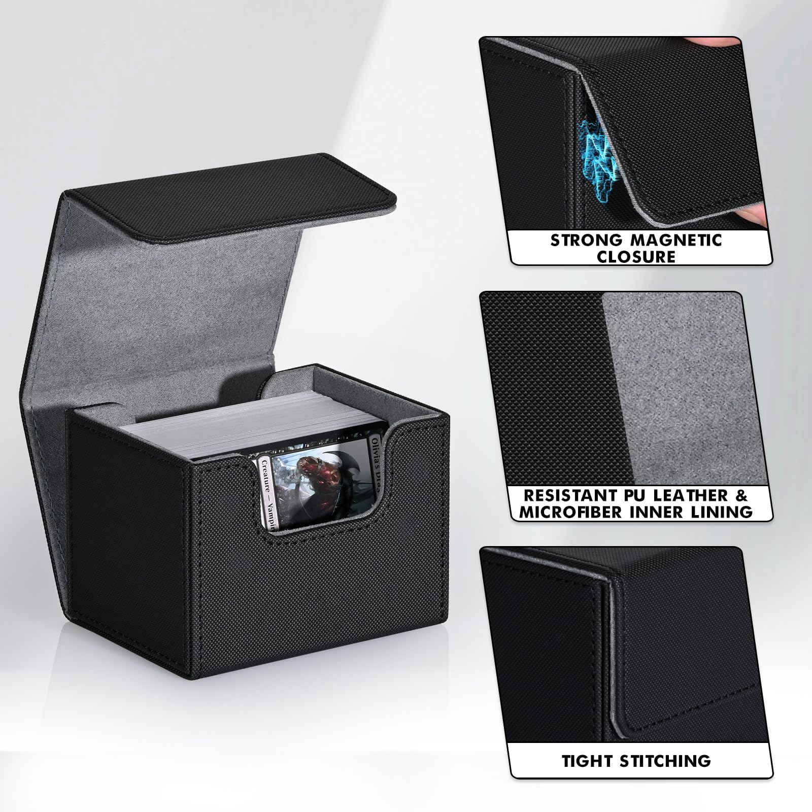ZLCA Card Deck Box for Trading Cards, MTG Commander Deck Box Holds 120+ Single Sleeved Cards, Leather Magnetic Card Storage Box Fits for TCG CCG Magic Cards (Black) - 5