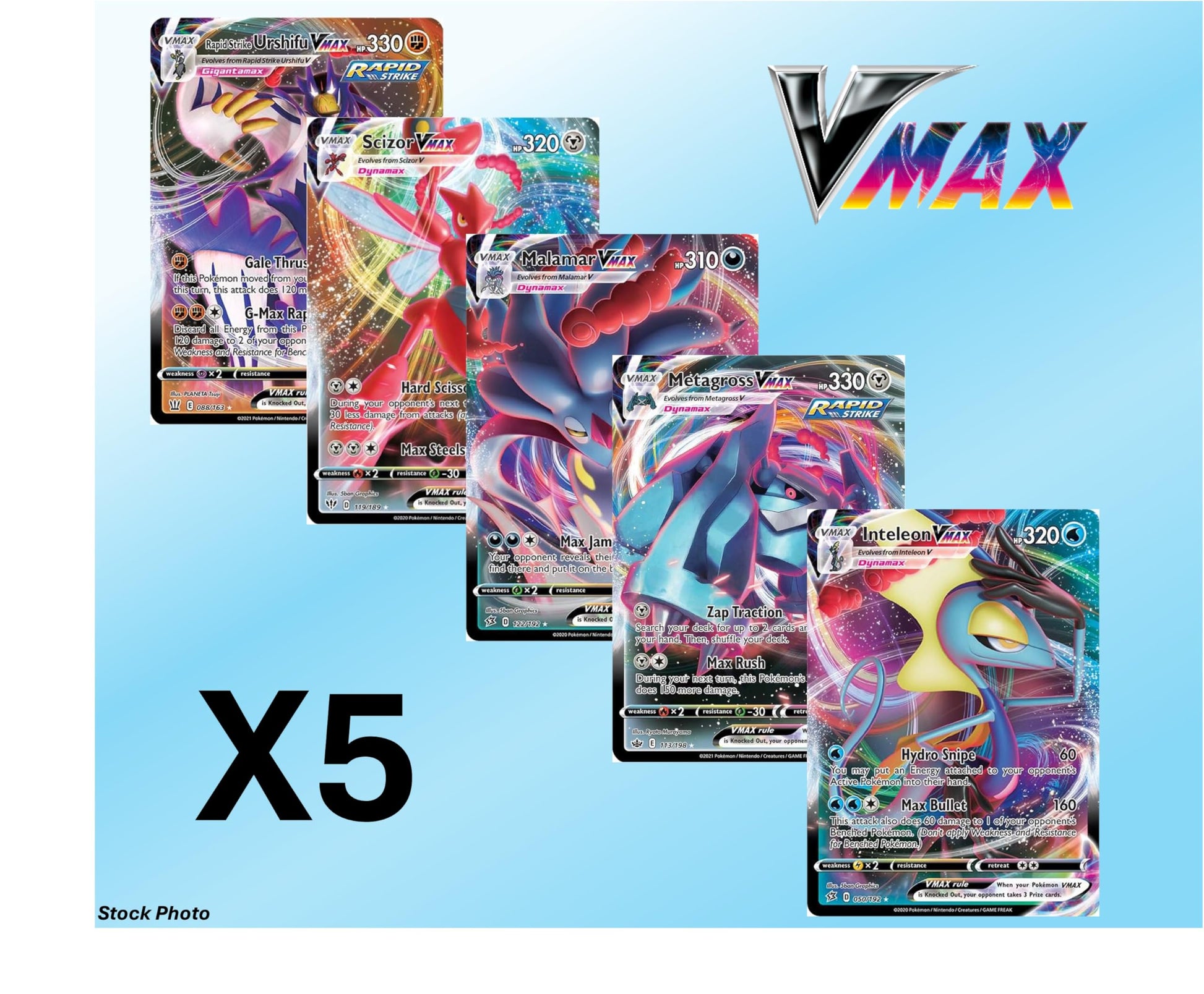 Pokemon - 5 VMAX/VSTAR Card Lot Bundle - No Duplicates - Full Art Etched Pokemon - 3