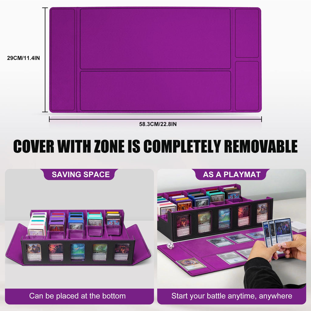 Trading Card Storage Box with Commander Display , 5-Row Deck Case with Removable Lid; 3900+ Card Deck Box for MTG TCG Sports Card, 5 Top Loaders, 5 Stoppers, 48 Dividers,1 Dice Tray (Black Purple) - 3