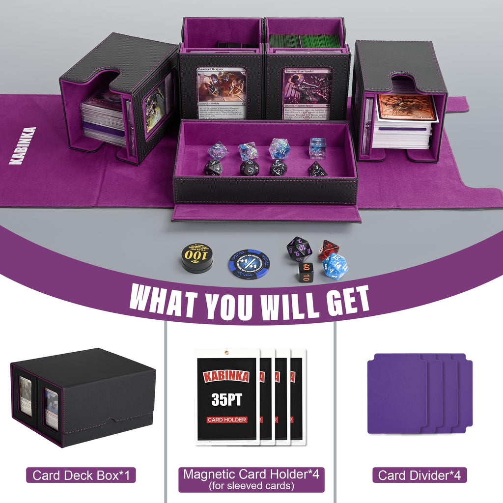 Kabinka Commander Deck Box for MTG Fits 400+ Double-Sleeved Card Storage, 5 IN 1 Removable Card Case with Dice Tray, Display Window for TCG/PTCG/EDH, 4 Magnetic One Touch Holders (Black Purple) - 3