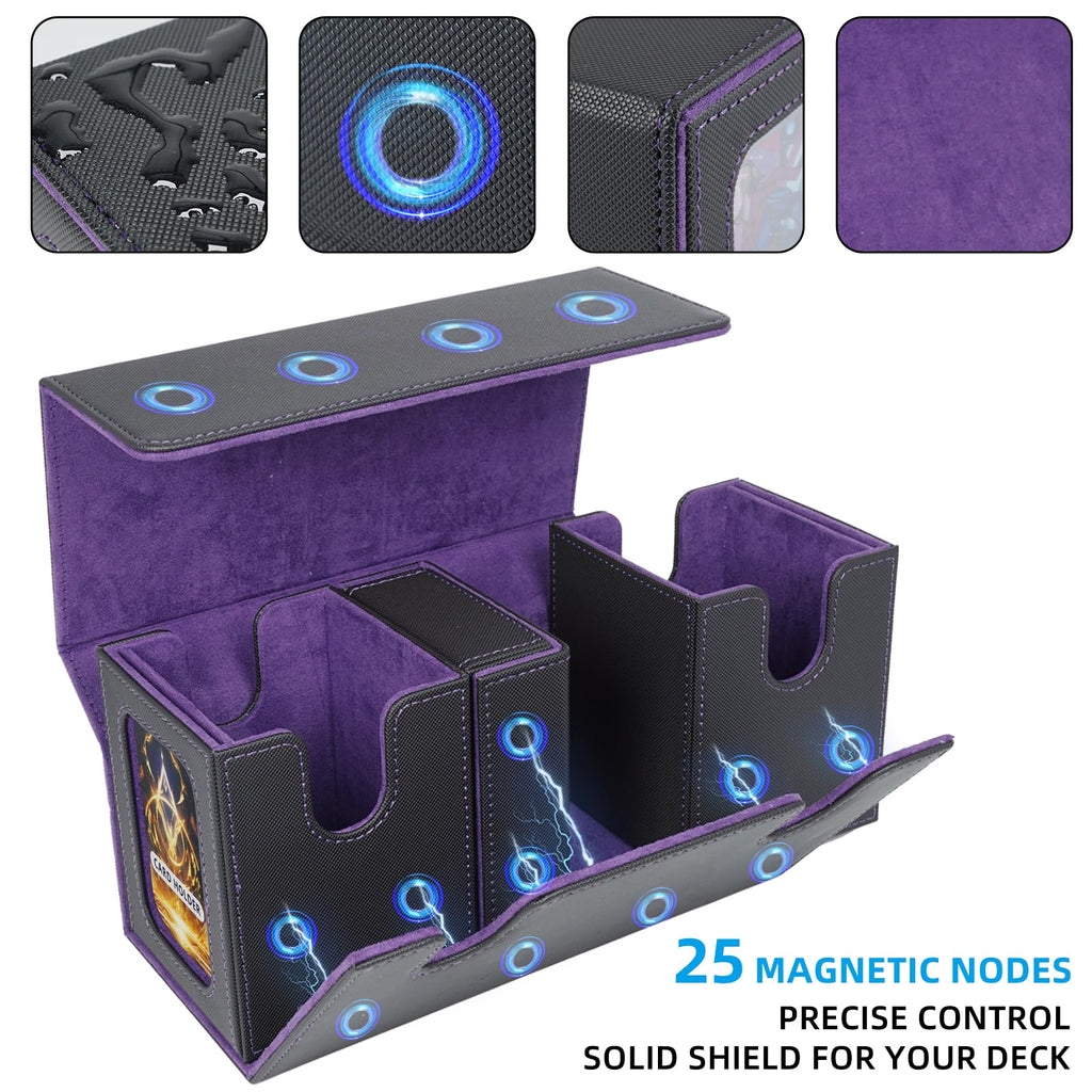 AFIING MTG Commander Deck Box 200 Double Sleeved Cards Storage, 3-in-1 Magnetic Card Case Organizer for Magic: The Gathering TCG CCG, 4 Dividers & 2 Toploaders Black/Purple - 4