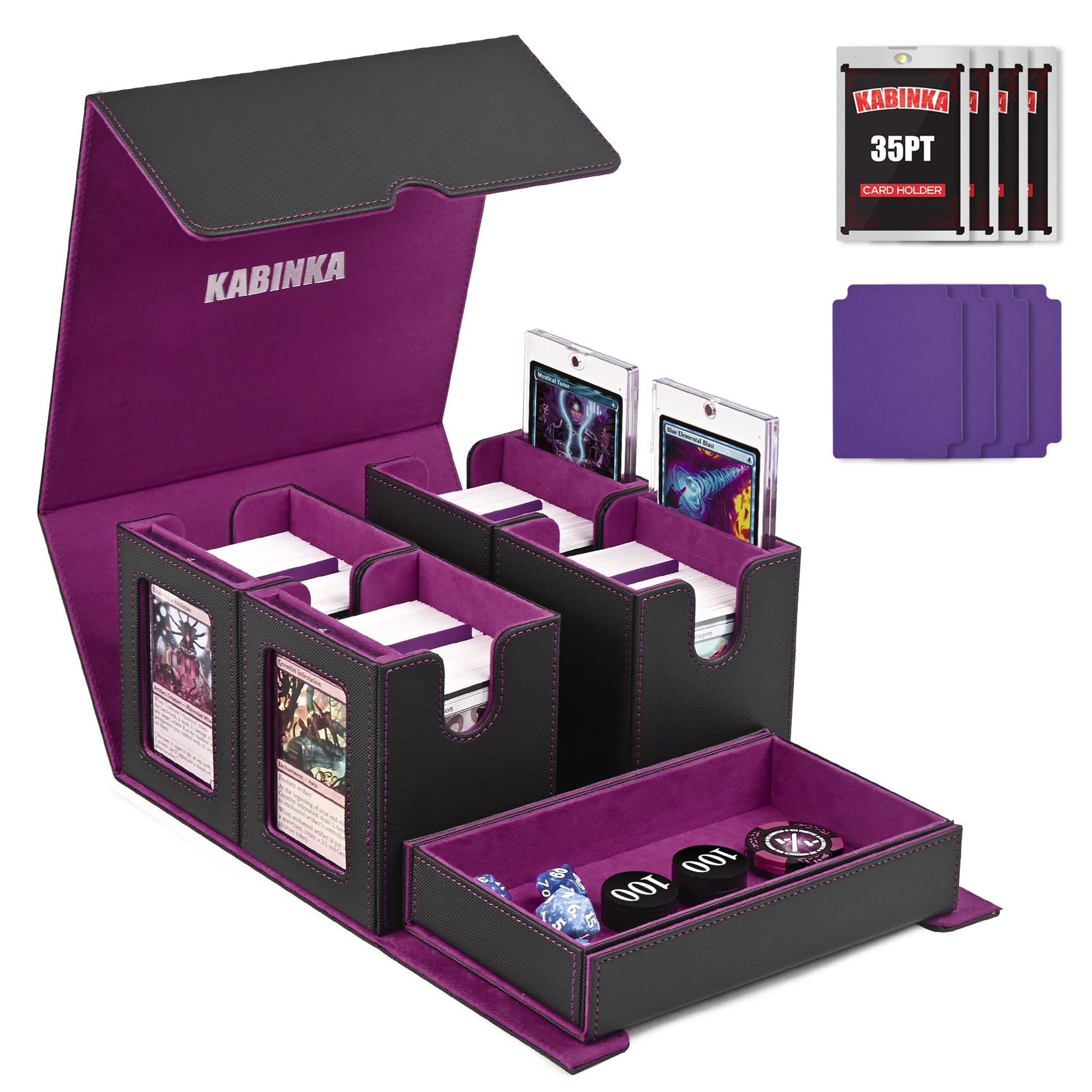 Kabinka Commander Deck Box for MTG Fits 400+ Double-Sleeved Card Storage, 5 IN 1 Removable Card Case with Dice Tray, Display Window for TCG/PTCG/EDH, 4 Magnetic One Touch Holders (Black Purple)