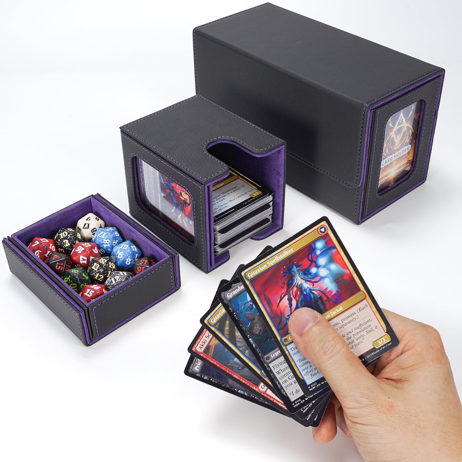 AFIING MTG Commander Deck Box 200 Double Sleeved Cards Storage, 3-in-1 Magnetic Card Case Organizer for Magic: The Gathering TCG CCG, 4 Dividers & 2 Toploaders Black/Purple - 2