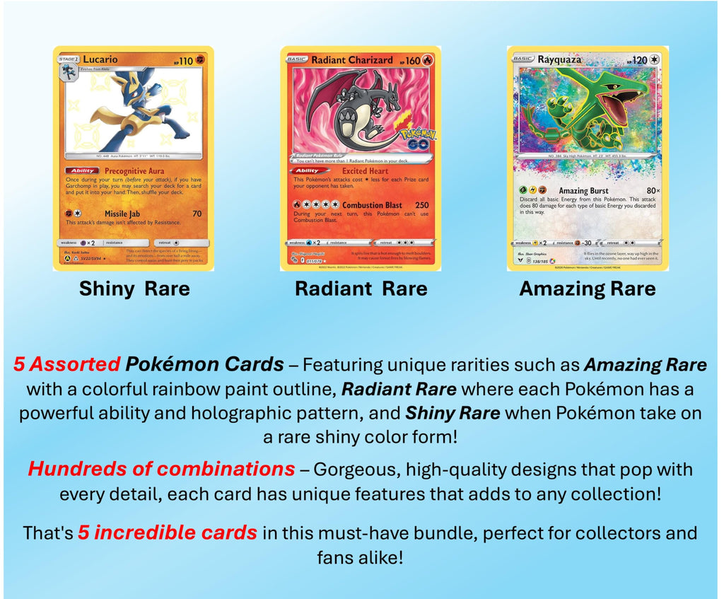 5 Pokemon Card - Shiny Rare/Radiant Rare/Amazing Rare Lot - 5 Assorted Cards - No Duplicates - 4