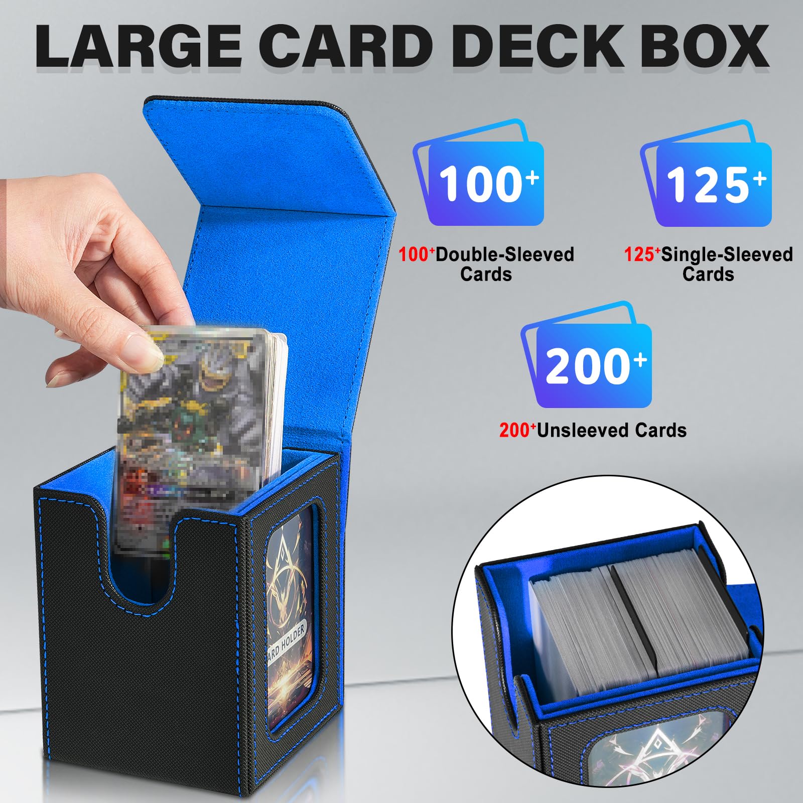 Jaffzora Card Deck Box for MTG Commander, Magnetic Card Display Case,TCG Card Storage Box, Holds 100 Double-Sleeved Cards, Black&Blue - 6