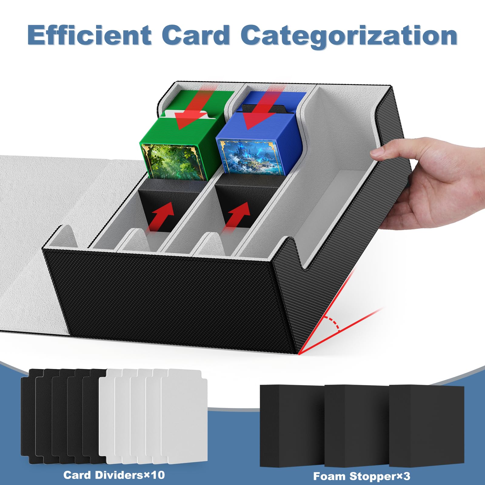 Mlikero Card Deck Case for Trading Cards 1800+, Trading Card Storage Box with 10 Dividers and 3 Foam Stoppers, Leather Magnetic Closure Commander Deck Box Fit for YuGiOh, MTG and Sport Cards - 6