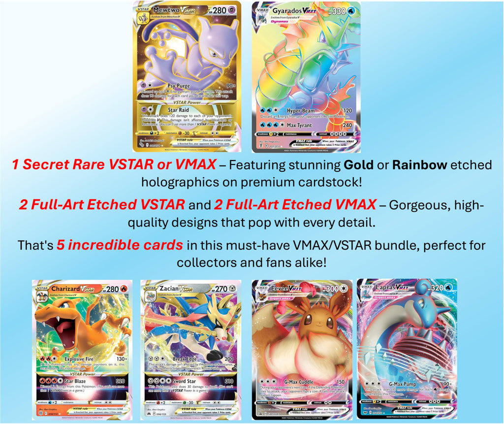 5 Pokemon Card VMAX/VSTAR Bundle - X2 VSTAR - X2 VMAX - X1 Secret Rare - No Duplicates - 6