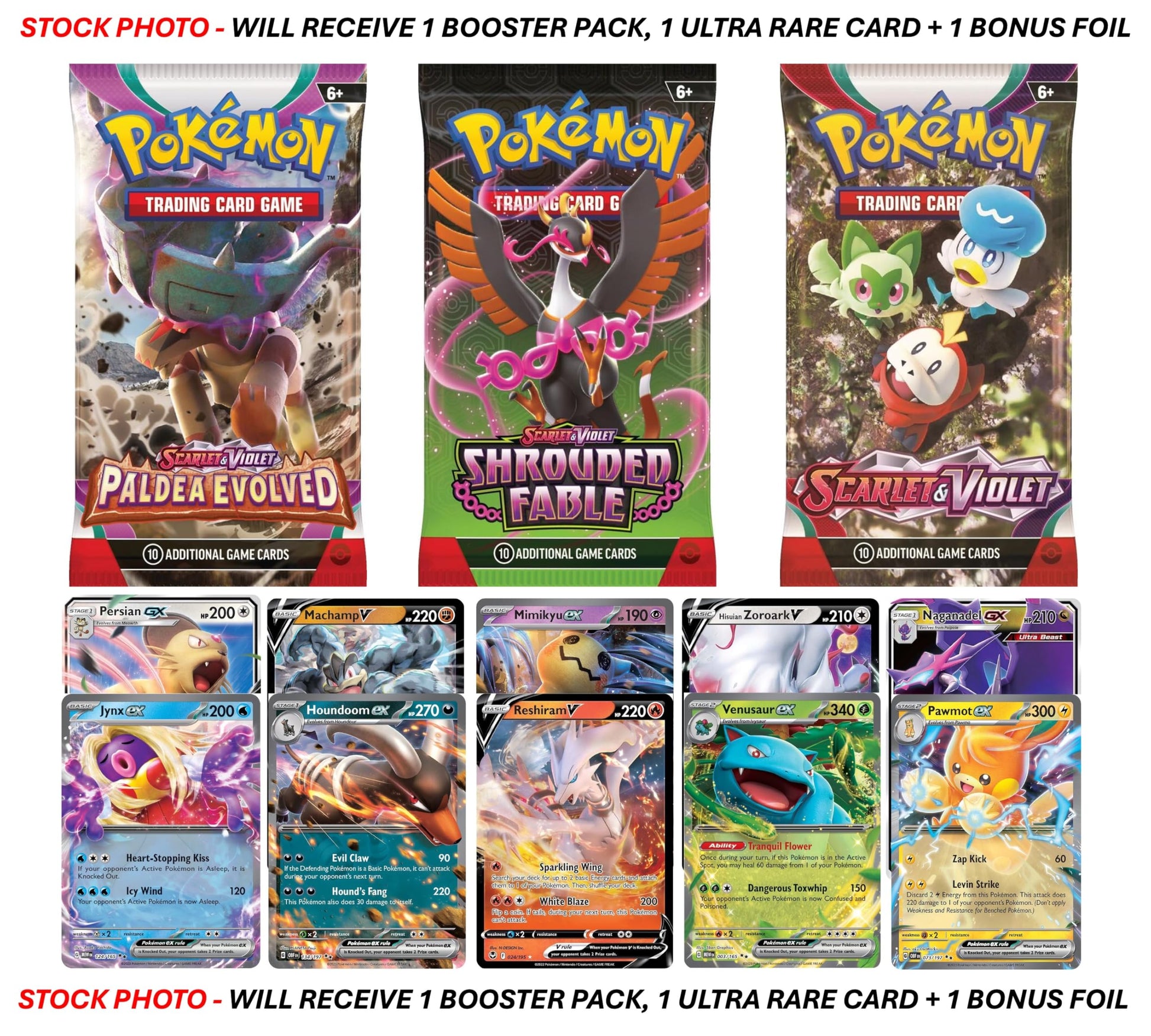Pokemon TCG: 1 Authentic Factory Sealed Booster Pack and 1 Ultra Rare (V, EX, GX, VMAX, VSTAR, Etc.) + 1 Bonus Holofoil Card - 7