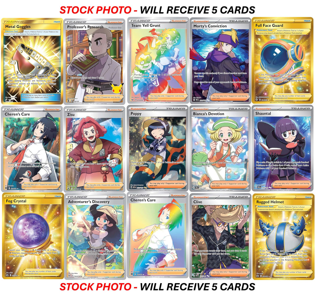 Pokemon 5 Full Art Trainer Card Lot - X1 Secret Rare, X4 Full Art Etched Cards - No Duplicates - 4