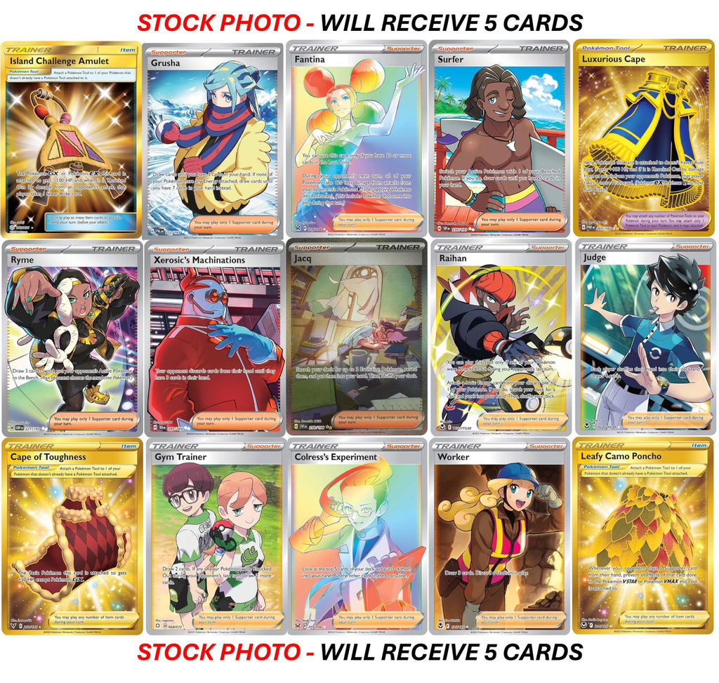 Pokemon 5 Full Art Trainer Card Lot - X1 Secret Rare, X4 Full Art Etched Cards - No Duplicates - 3
