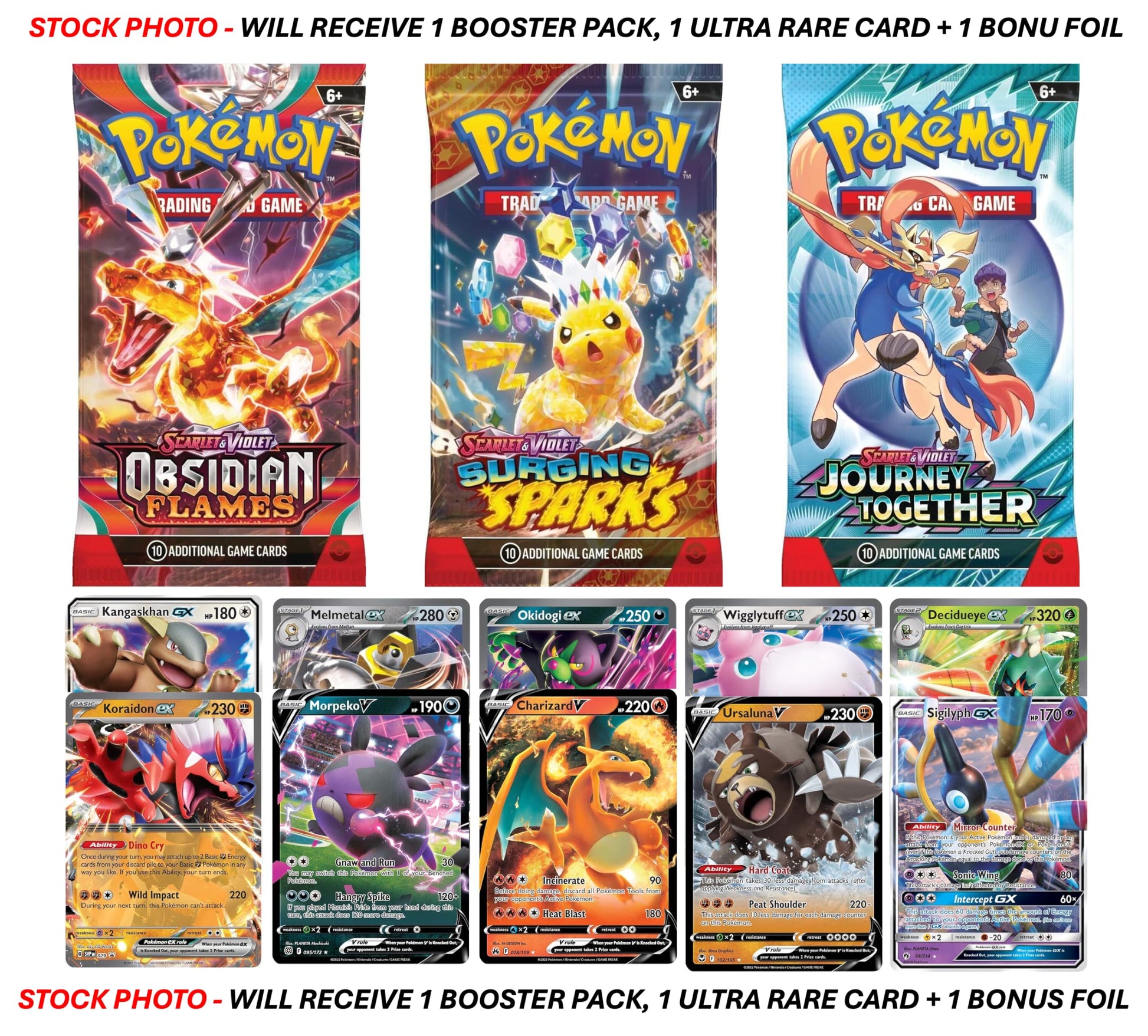 Pokemon TCG: 1 Authentic Factory Sealed Booster Pack and 1 Ultra Rare (V, EX, GX, VMAX, VSTAR, Etc.) + 1 Bonus Holofoil Card - 6