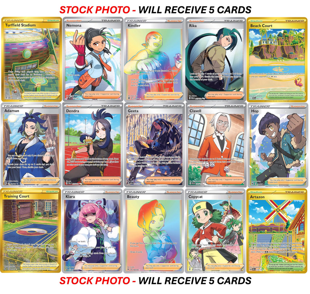 Pokemon 5 Full Art Trainer Card Lot - X1 Secret Rare, X4 Full Art Etched Cards - No Duplicates - 5