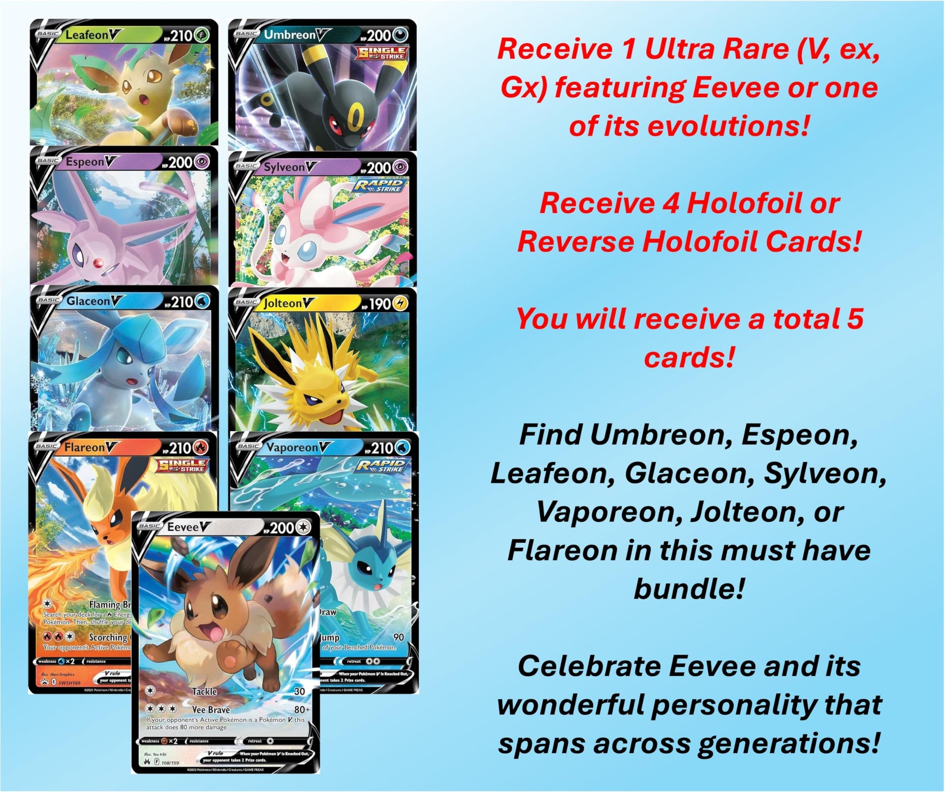 Pokemon Eevee Card Bundle - Guaranteed 1 Ultra Rare - 5 Eeveelution Holofoil Cards - No Duplicates - 5