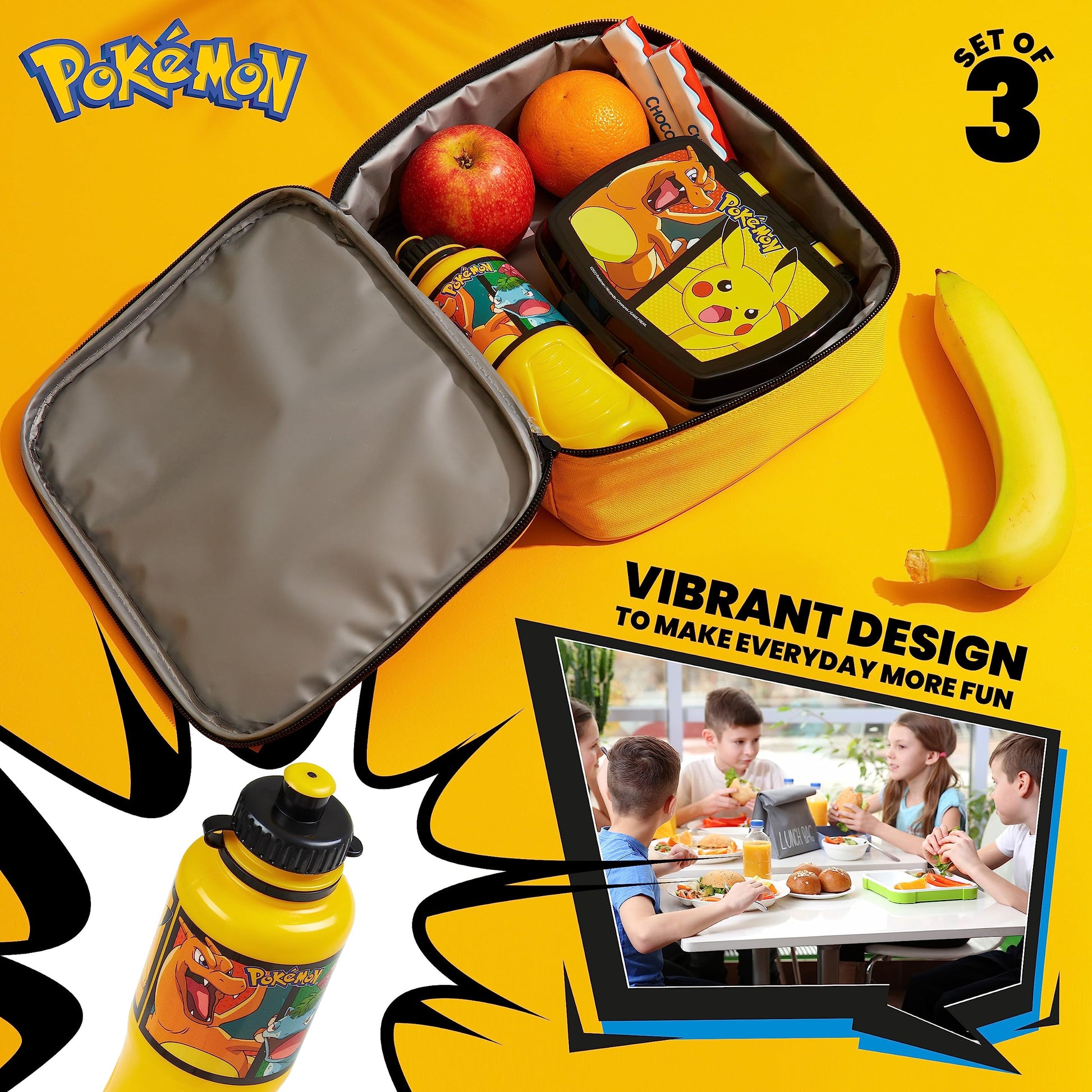 Pokemon Insulated Lunch Bag with Lunch Box Water Bottle Set for Kids 3 Piece School Snack Bag Pikachu Gifts for Kids (Yellow) - 2