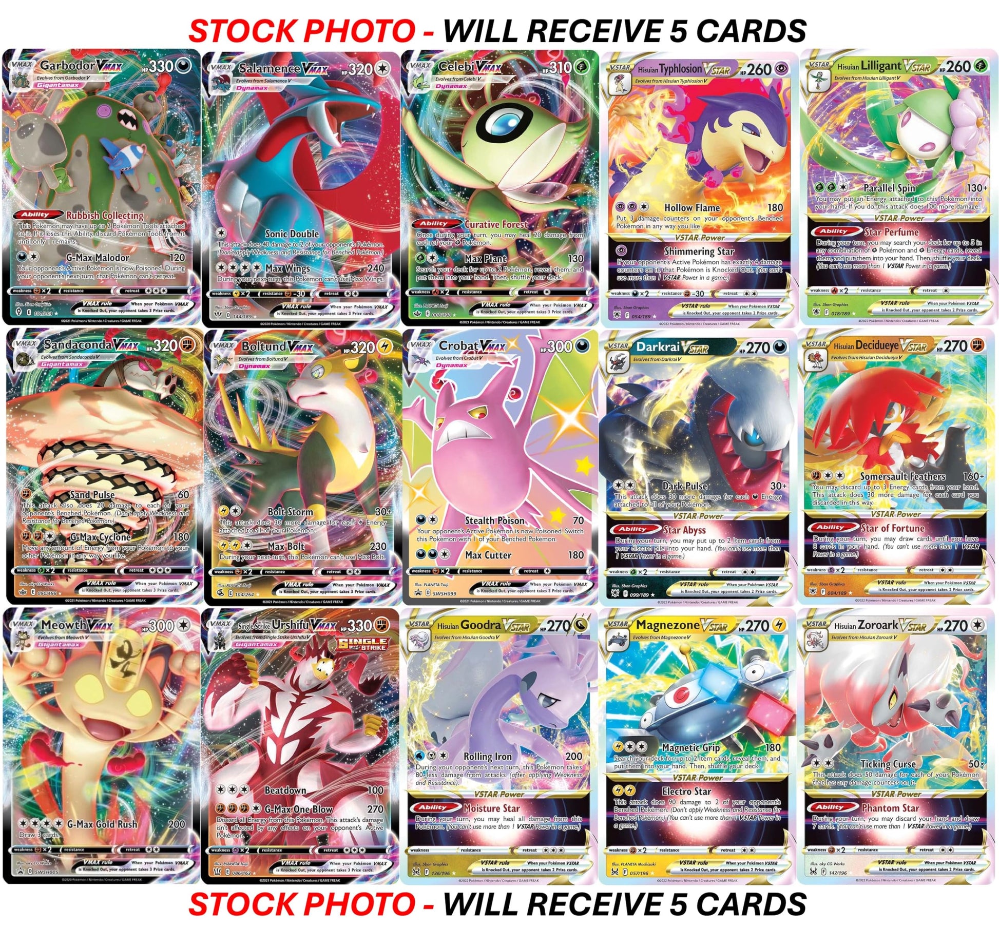 Pokemon - 5 VMAX/VSTAR Card Lot Bundle - No Duplicates - Full Art Etched Pokemon - 8